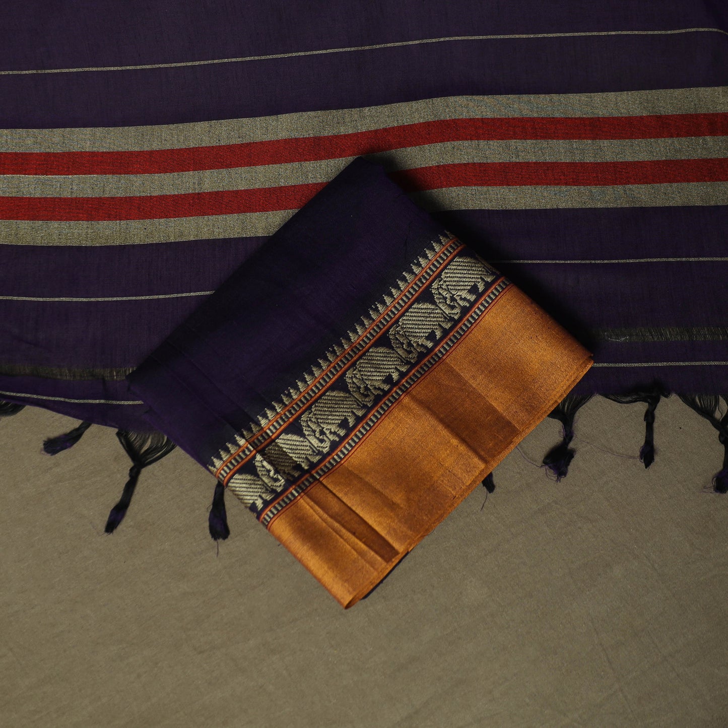 Orange - Purple - Dharwad Woven Mercerised Cotton 3pc Unstitched Dress Material Suit Set 81