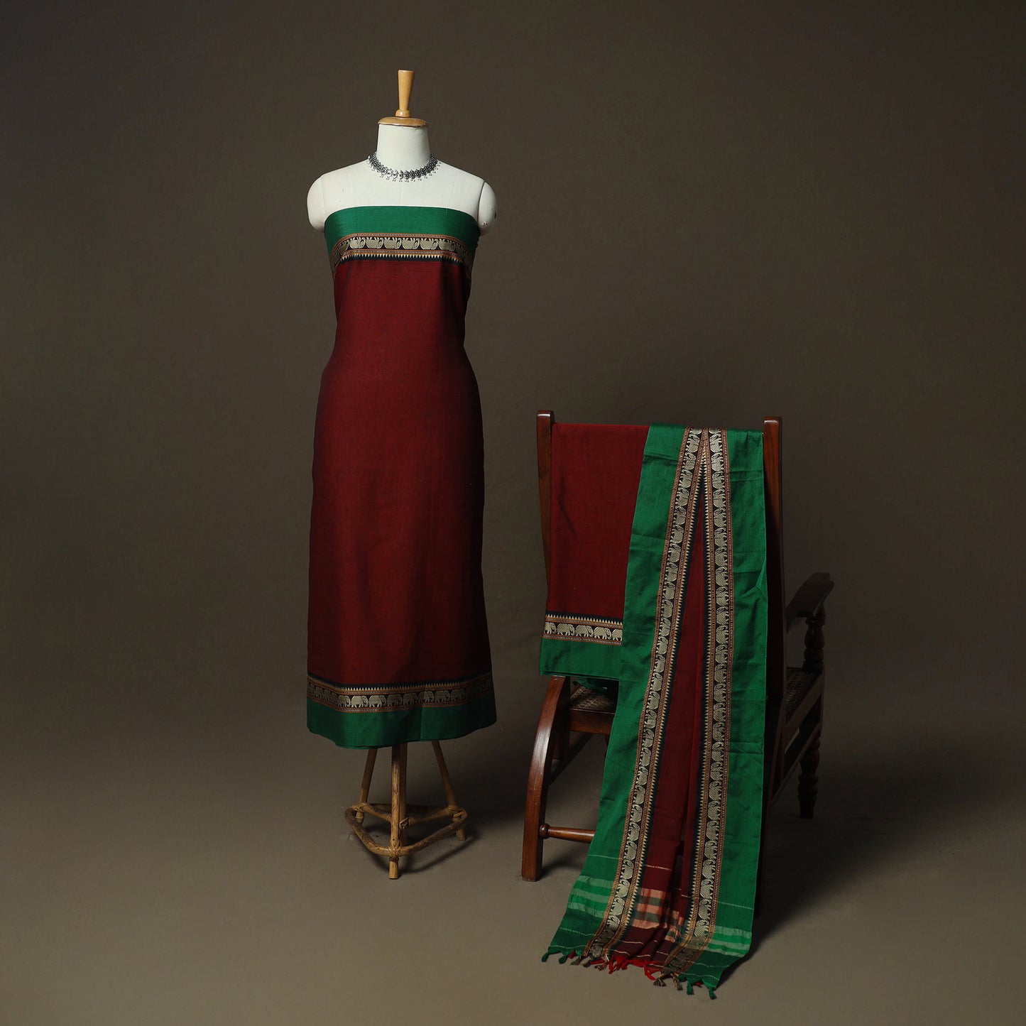Maroon - Dharwad Woven Mercerised Cotton 3pc Unstitched Dress Material Suit Set 83