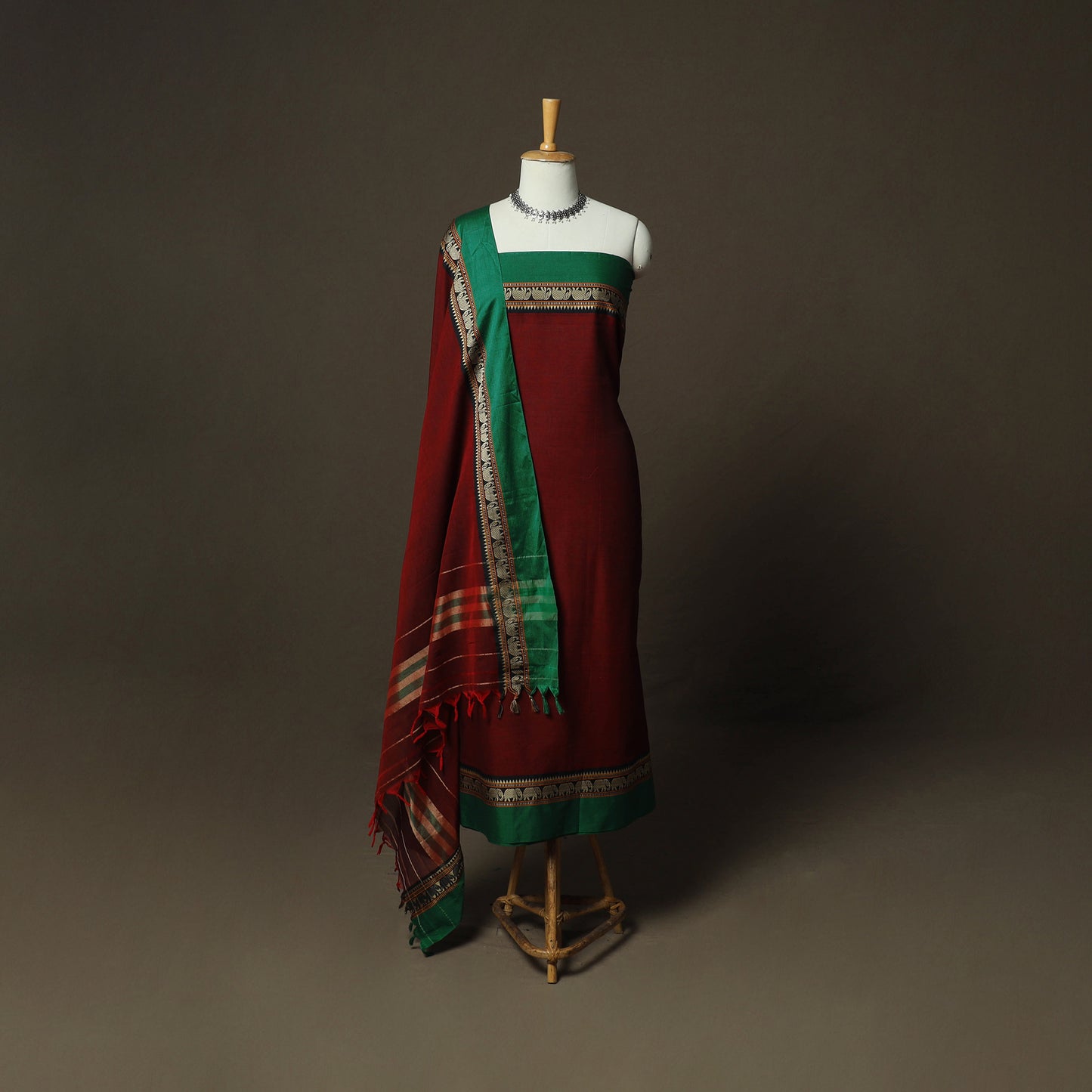 Maroon - Dharwad Woven Mercerised Cotton 3pc Unstitched Dress Material Suit Set 83