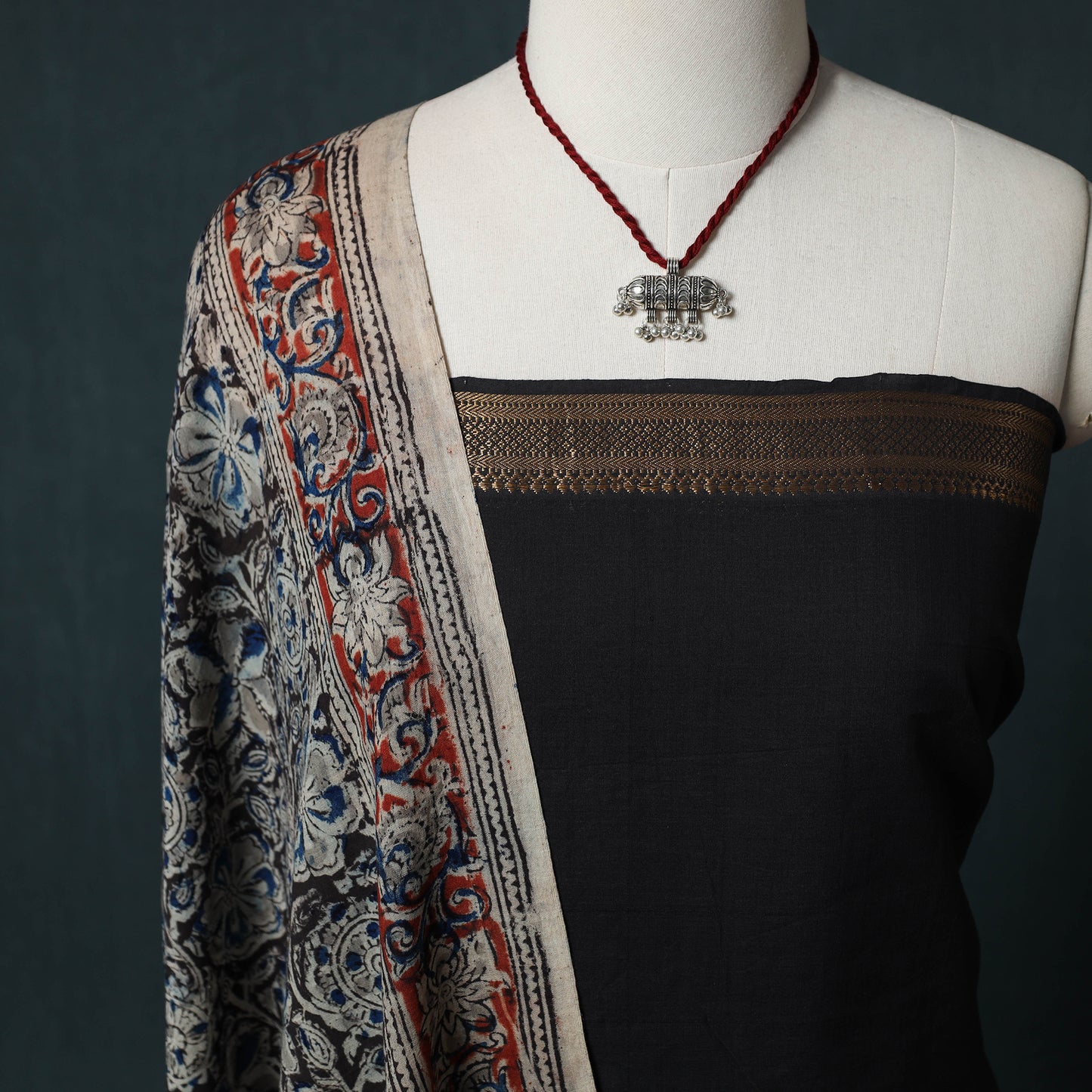 Mangalagiri Handwoven 2pc Cotton Unstitched Dress Material Kurta Set with Jewellery 14