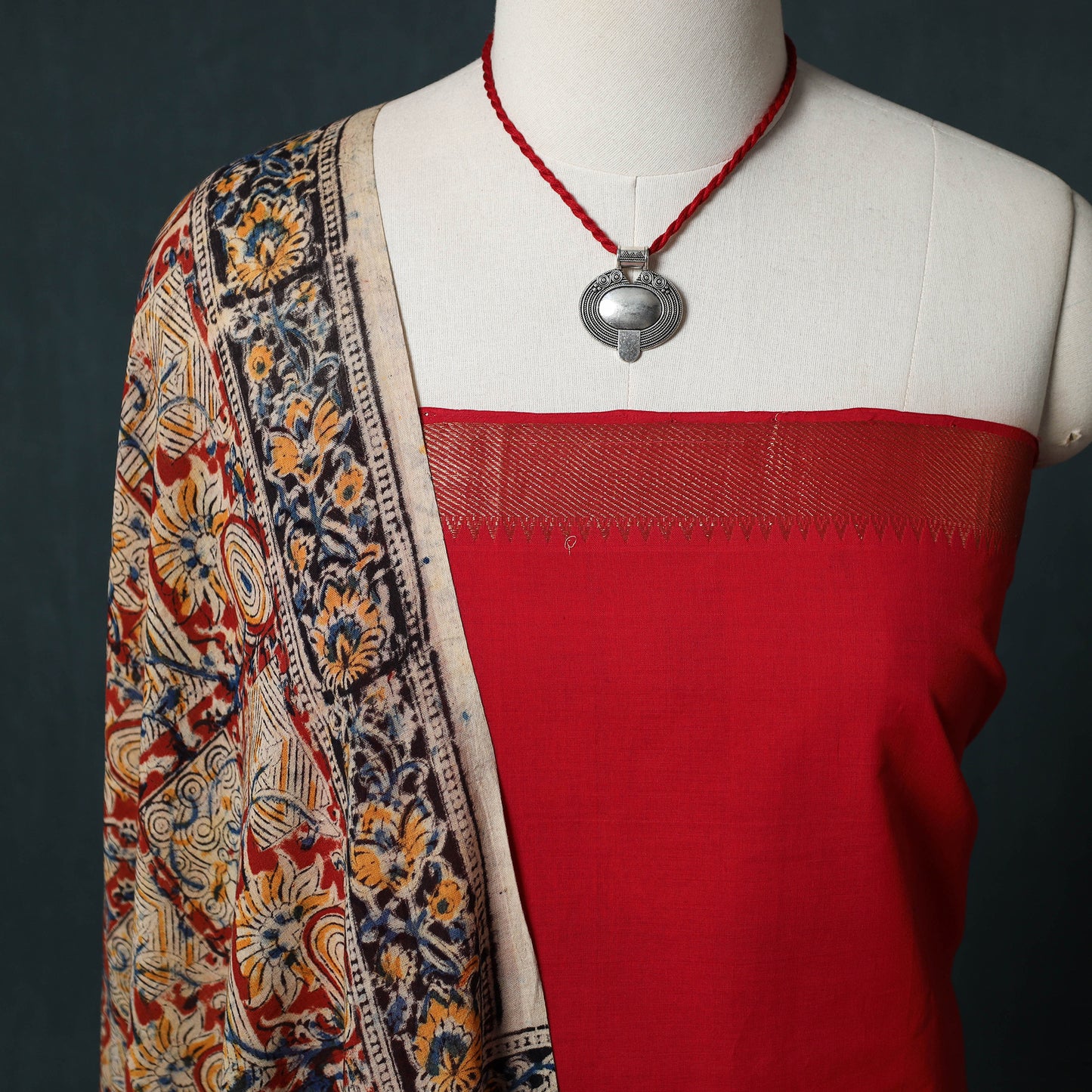 Mangalagiri Handwoven 2pc Cotton Unstitched Dress Material Kurta Set with Jewellery 17
