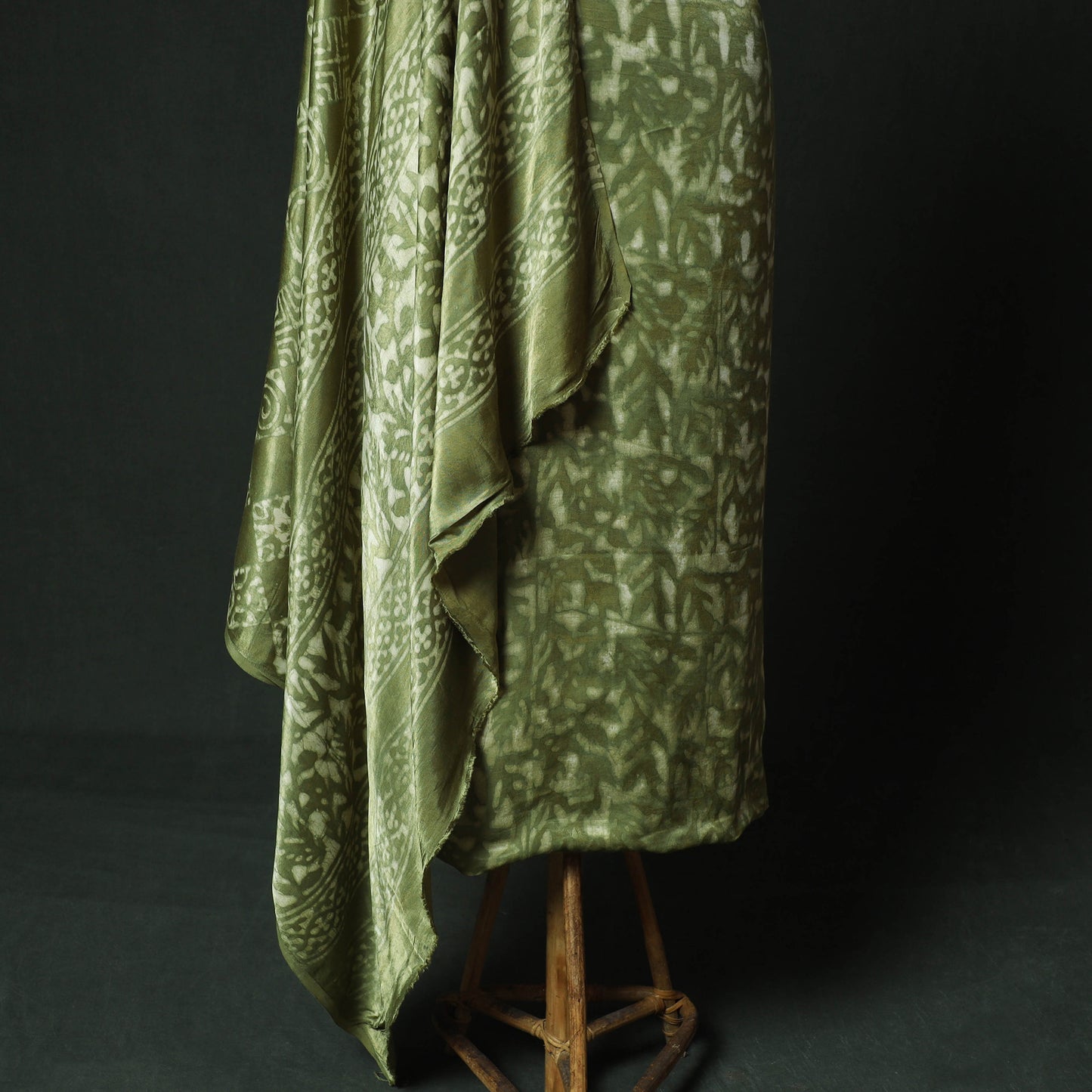 Green - Bagru Vanaspati Block Print Modal Silk Lace Handwork 2pc Unstitched Dress Material Kurta Set 01
