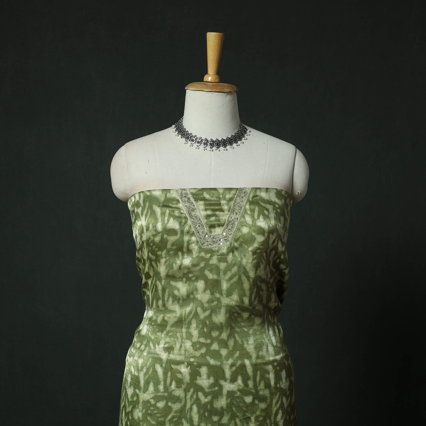 Green - Bagru Vanaspati Block Print Modal Silk Lace Handwork 2pc Unstitched Dress Material Kurta Set 01