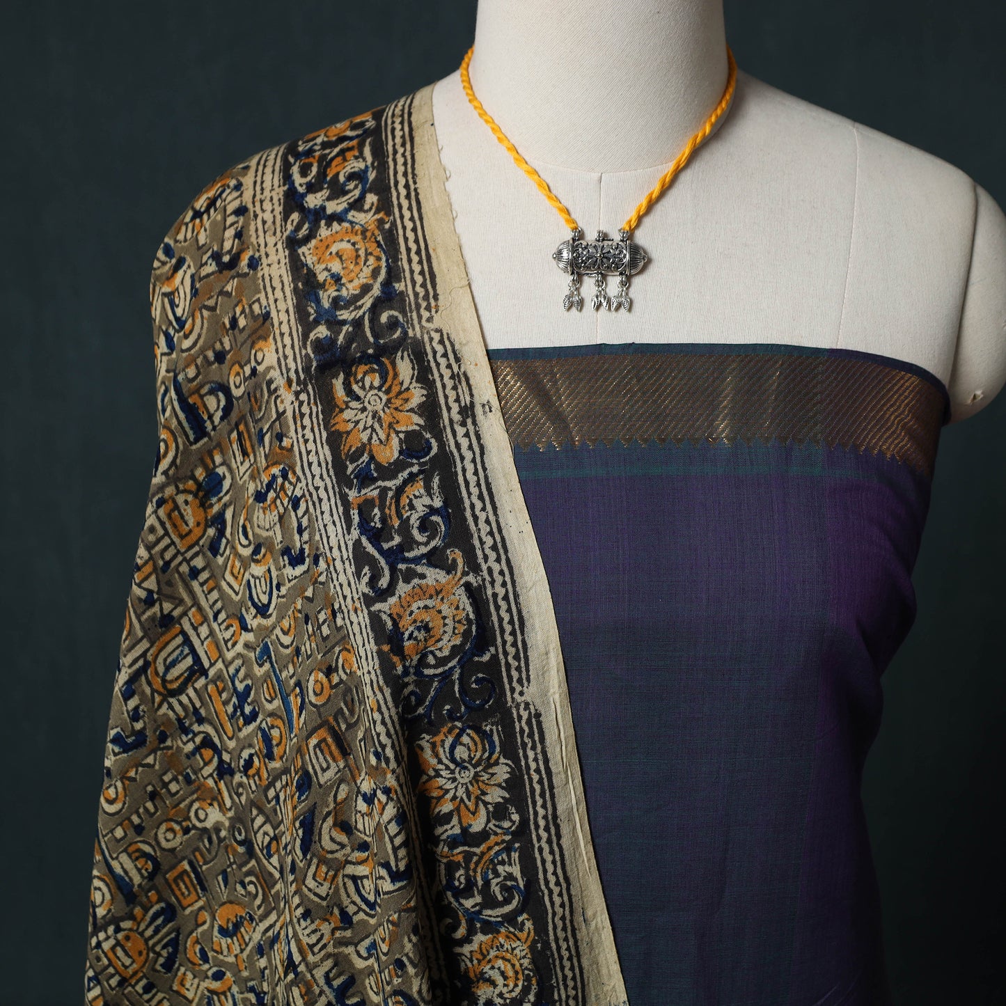 Mangalagiri Handwoven 2pc Cotton Unstitched Dress Material Kurta Set with Jewellery 19