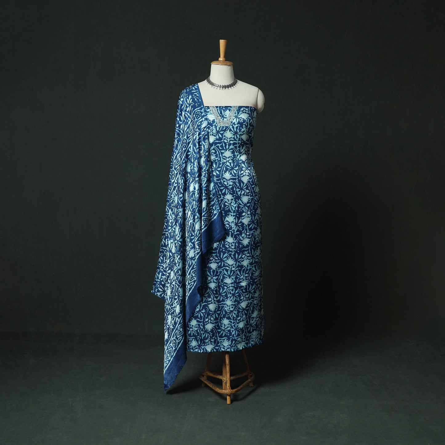 Blue - bagru Vanaspati Block Print Modal Silk Lace Handwork 2pc Unstitched Dress Material Kurta Set 04