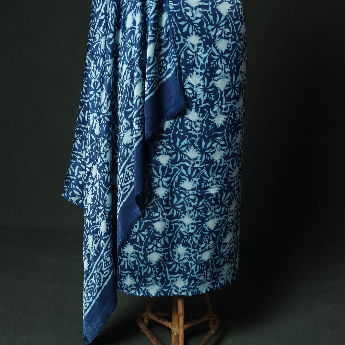Blue - bagru Vanaspati Block Print Modal Silk Lace Handwork 2pc Unstitched Dress Material Kurta Set 04