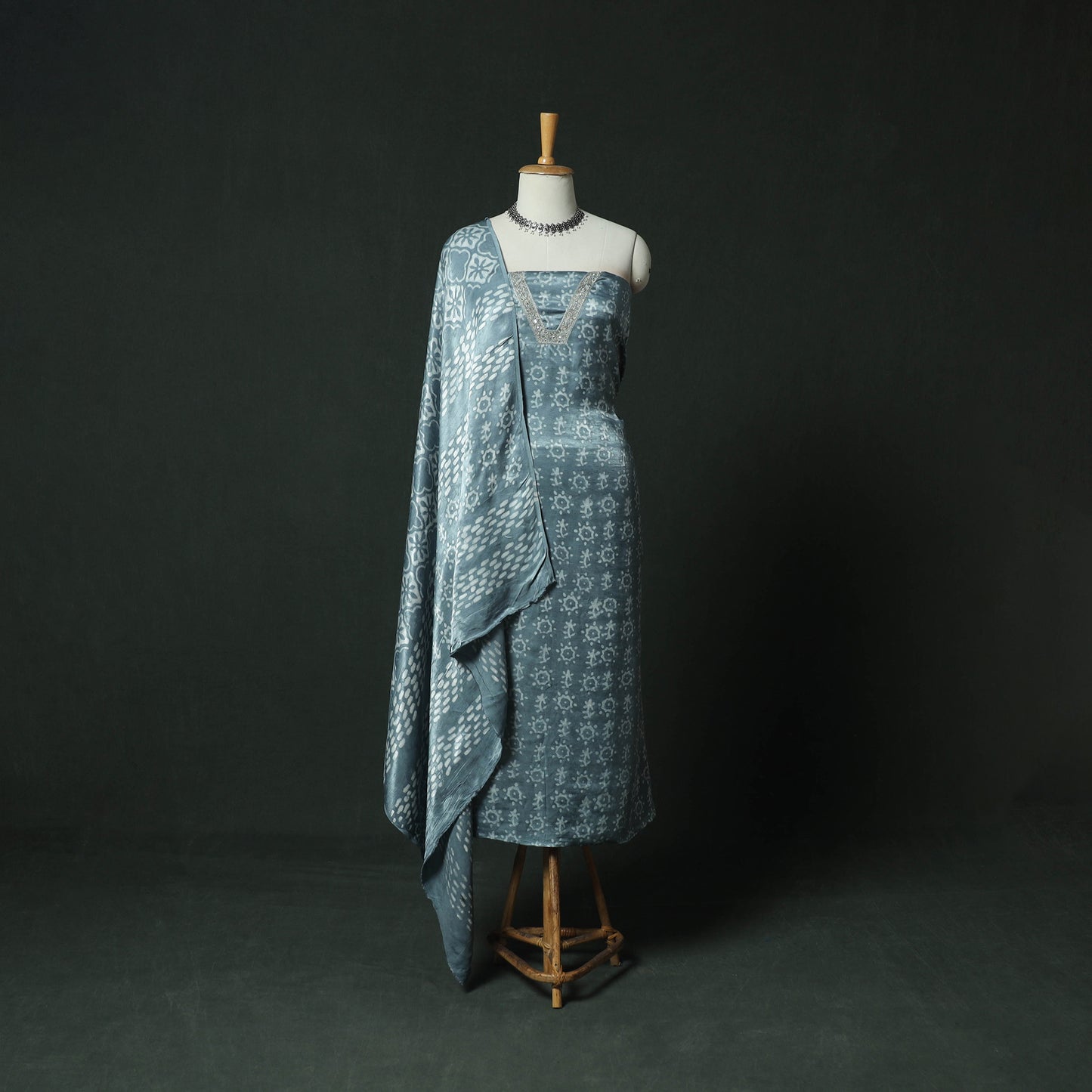 Blue - bagru Vanaspati Block Print Modal Silk Lace Handwork 2pc Unstitched Dress Material Kurta Set 06
