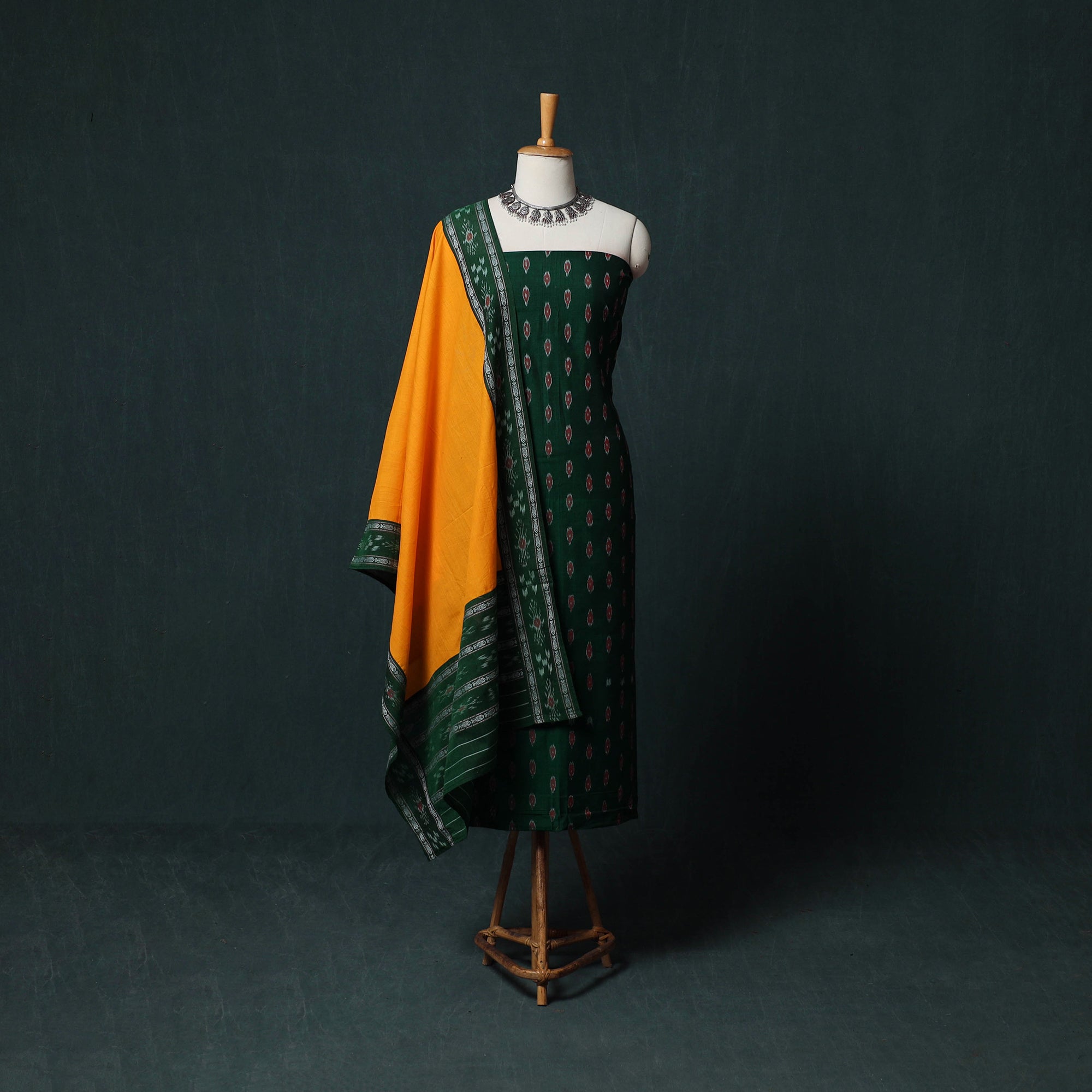 Green Sambalpuri Cotton 3pc Unstitched Ikat Dress Material Suit Set