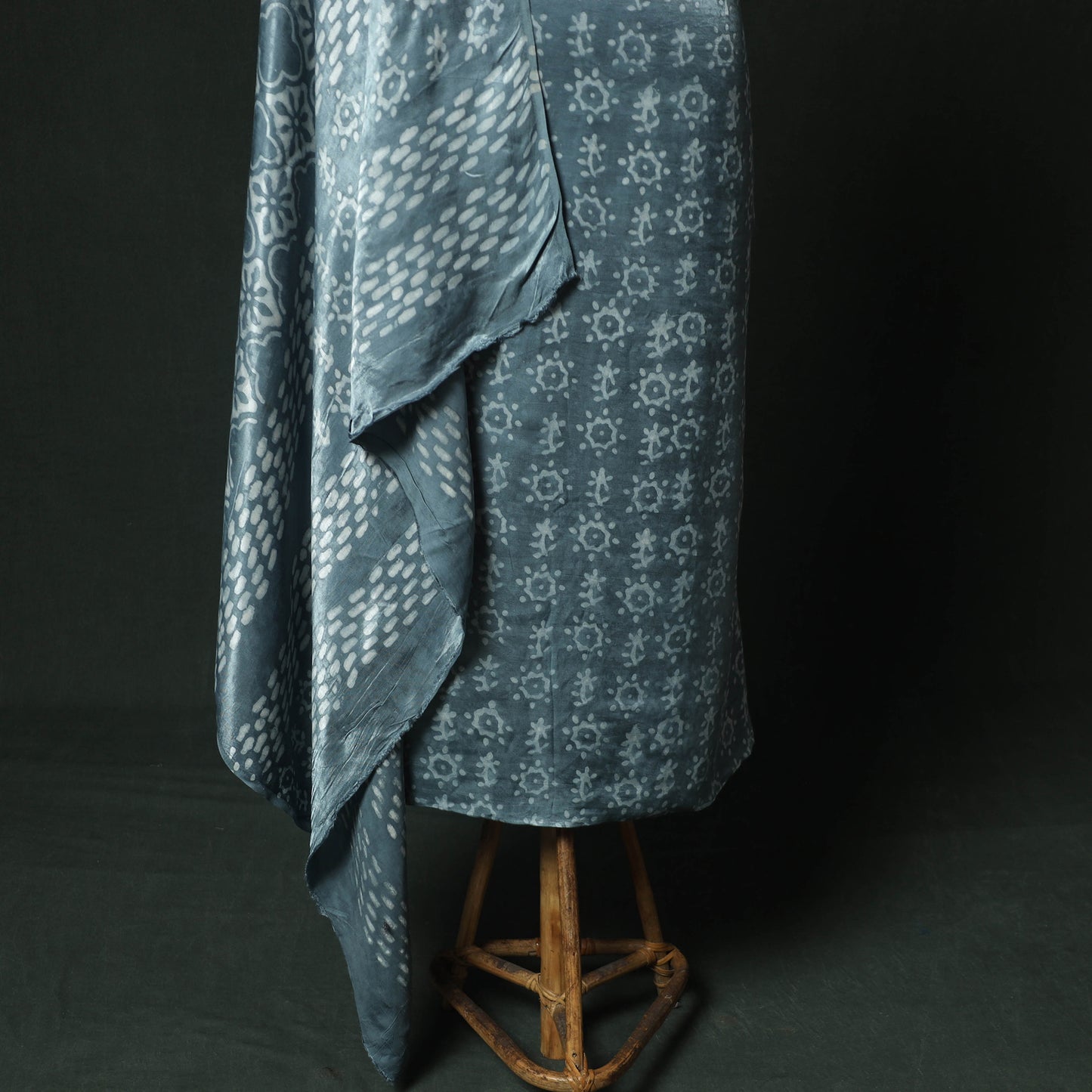 Blue - bagru Vanaspati Block Print Modal Silk Lace Handwork 2pc Unstitched Dress Material Kurta Set 06