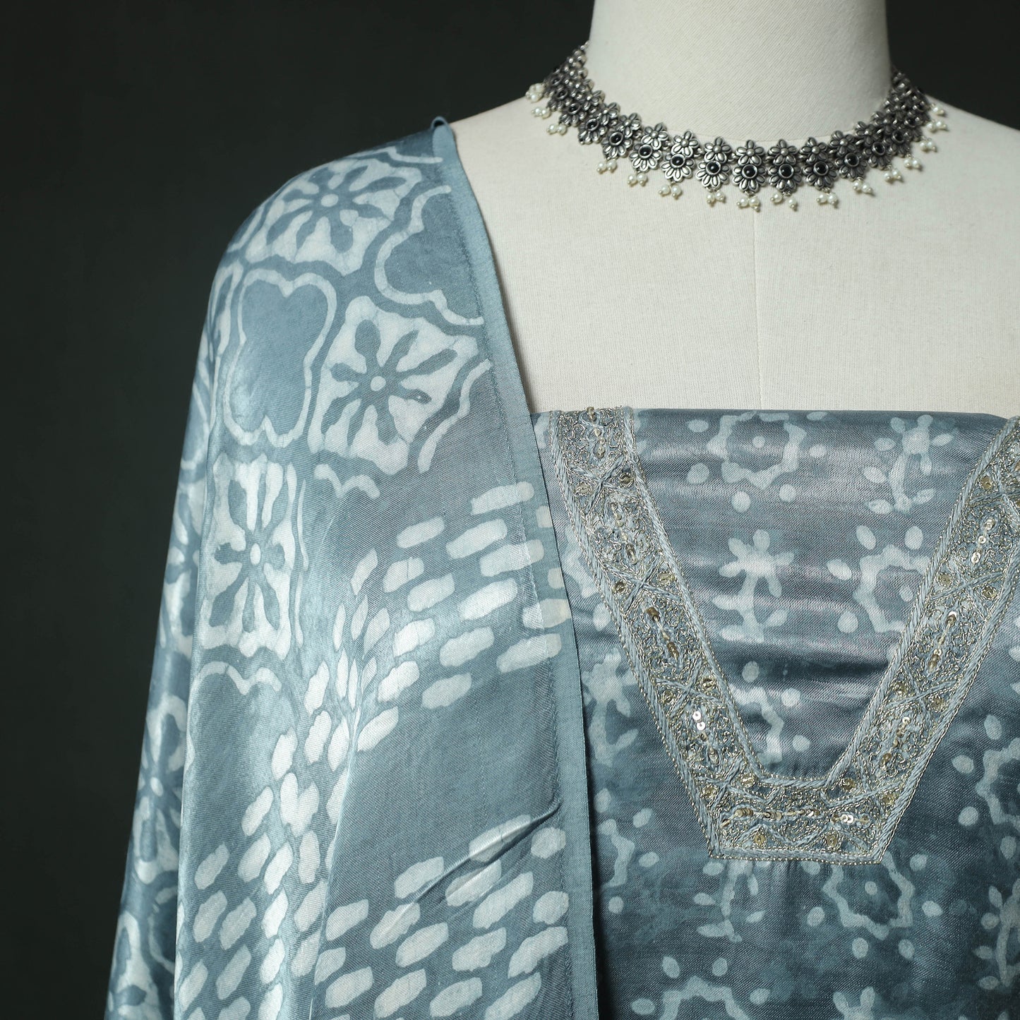 Blue - bagru Vanaspati Block Print Modal Silk Lace Handwork 2pc Unstitched Dress Material Kurta Set 06
