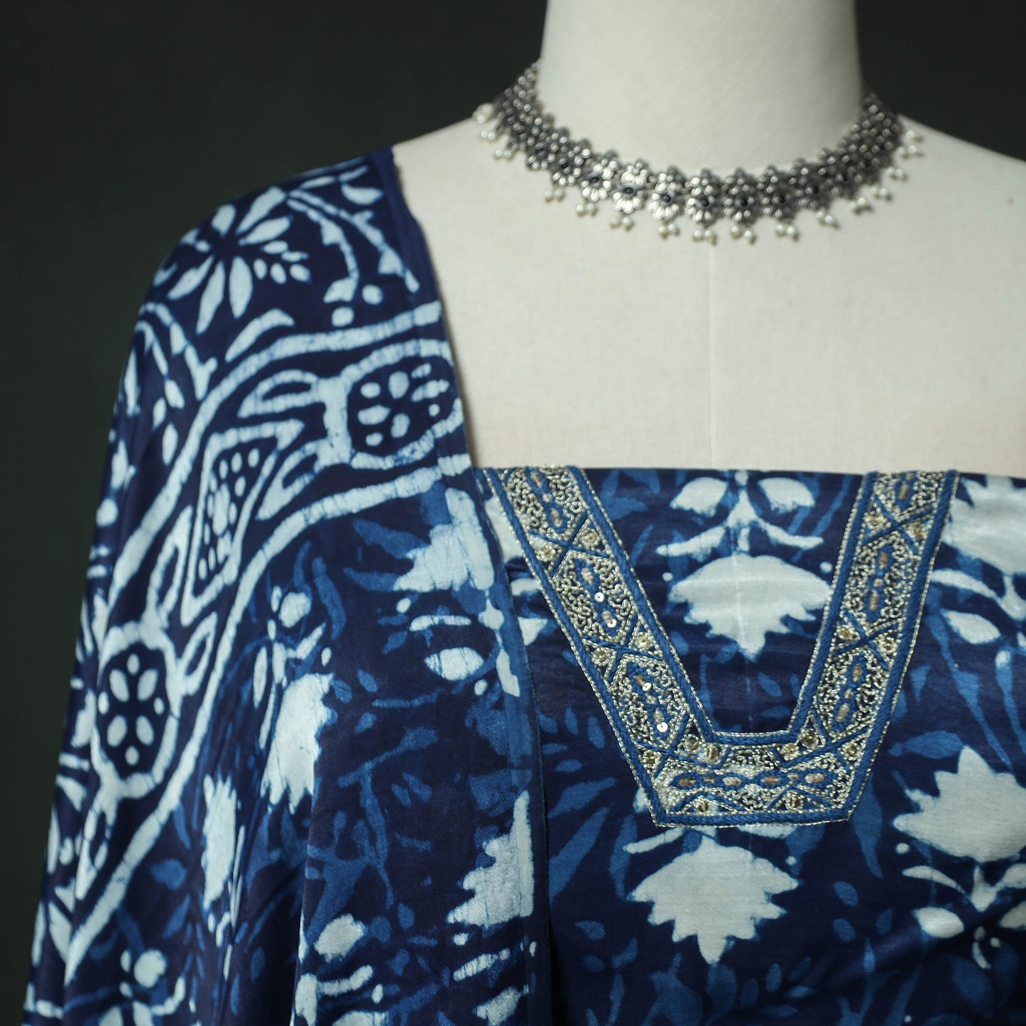 Blue - bagru Vanaspati Block Print Modal Silk Lace Handwork 2pc Unstitched Dress Material Kurta Set 07