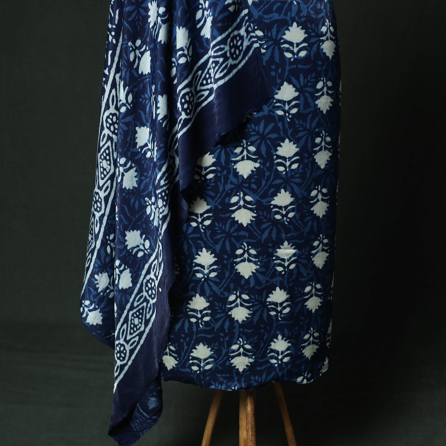 Blue - bagru Vanaspati Block Print Modal Silk Lace Handwork 2pc Unstitched Dress Material Kurta Set 07