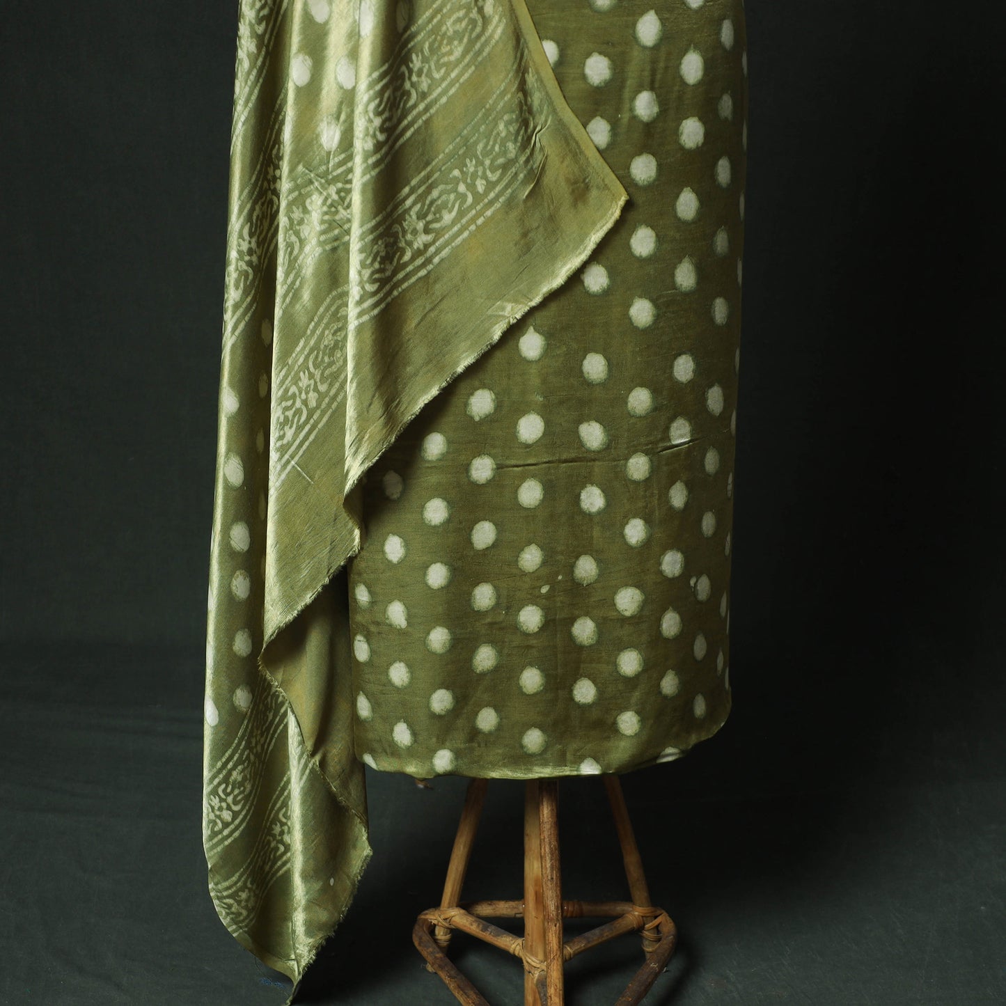 Green - Bagru Vanaspati Block Print Modal Silk Lace Handwork 2pc Unstitched Dress Material Kurta Set 08