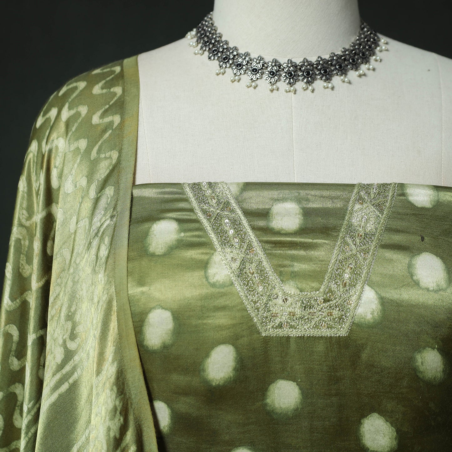 Green - Bagru Vanaspati Block Print Modal Silk Lace Handwork 2pc Unstitched Dress Material Kurta Set 08