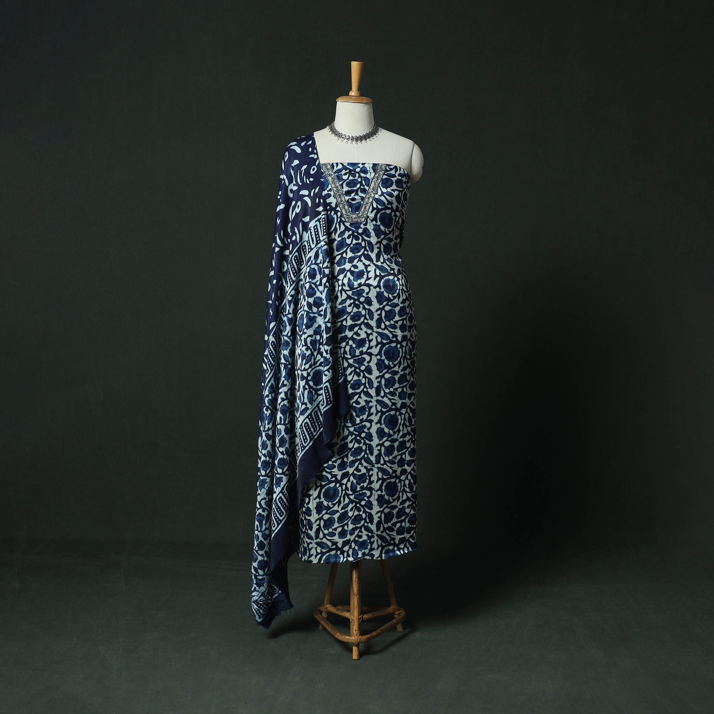 Blue - Bagru Vanaspati Block Print Modal Silk Lace Handwork 2pc Unstitched Dress Material Kurta Set 09