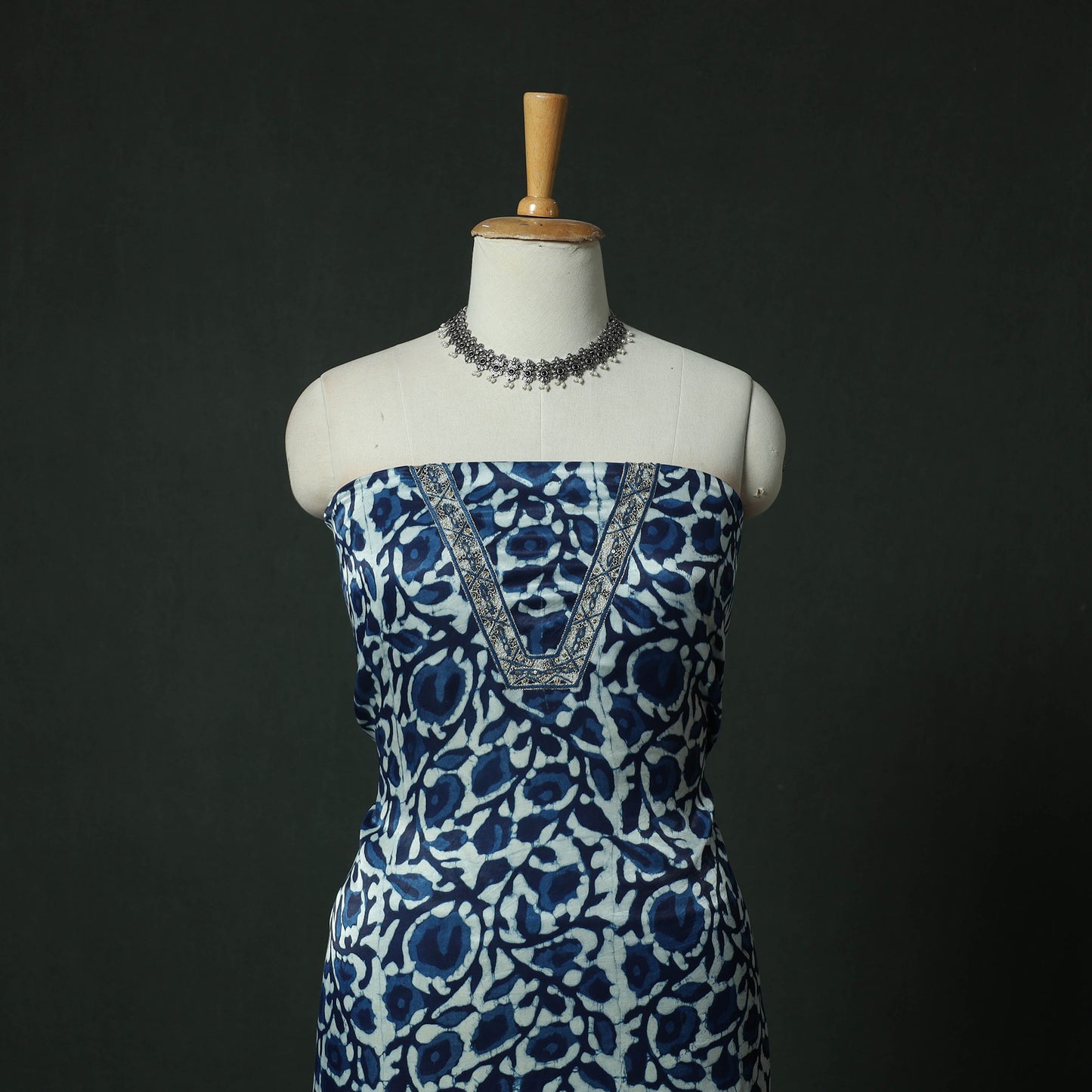 Blue - Bagru Vanaspati Block Print Modal Silk Lace Handwork 2pc Unstitched Dress Material Kurta Set 09