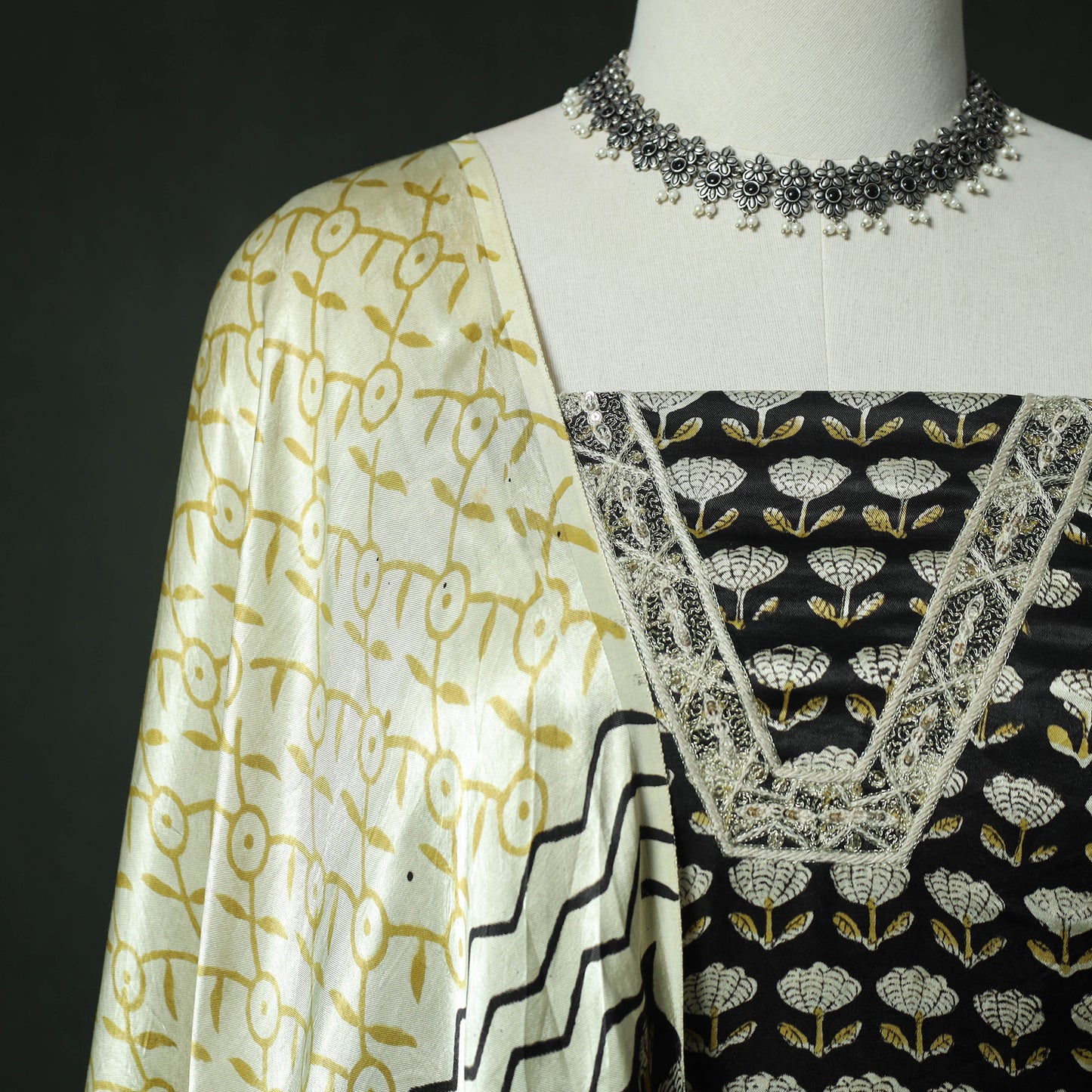 Baige - Bagru Vanaspati Block Print Modal Silk Lace Handwork 2pc Unstitched Dress Material Kurta Set 10