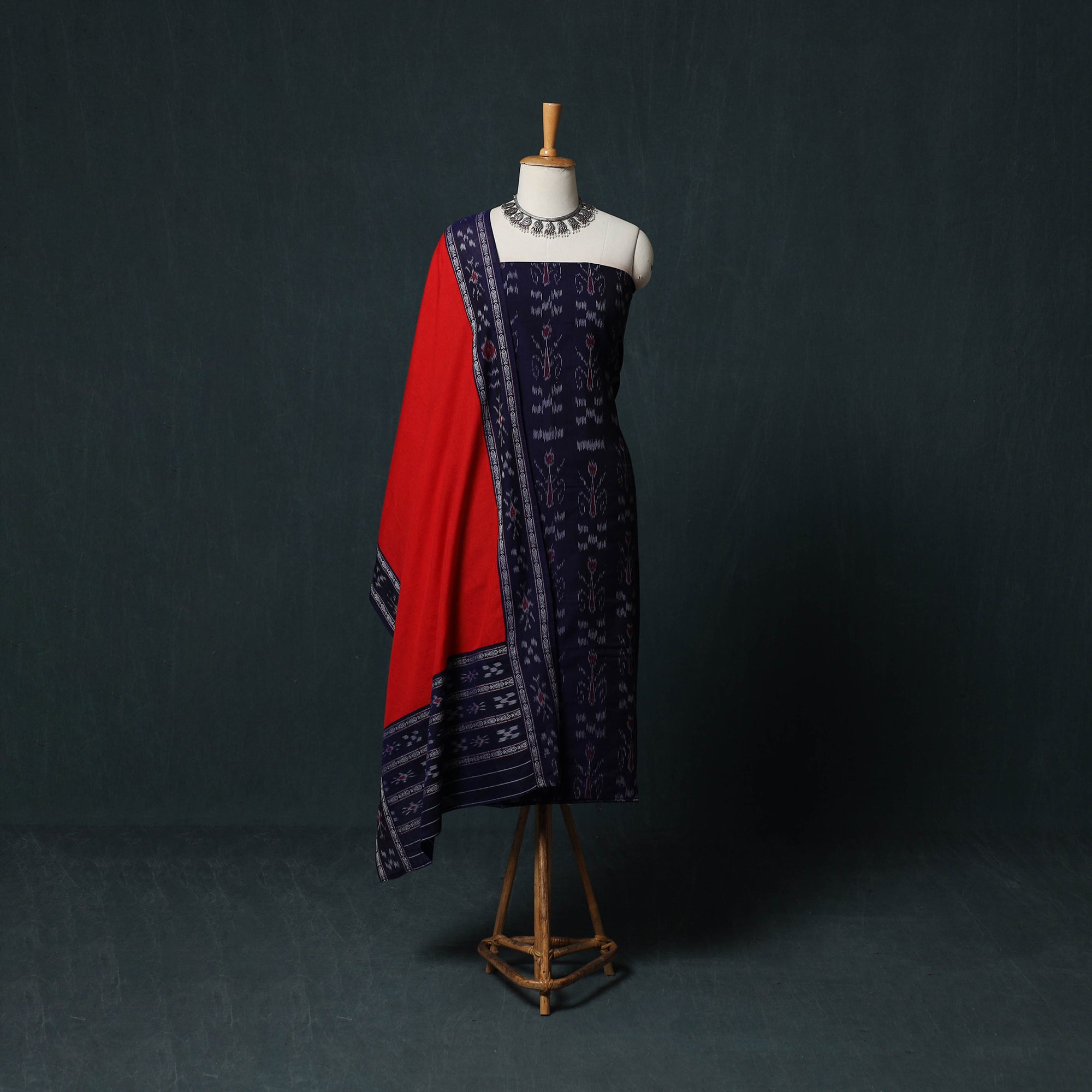 Blue Sambalpuri Cotton 3pc Unstitched Ikat Dress Material Suit Set