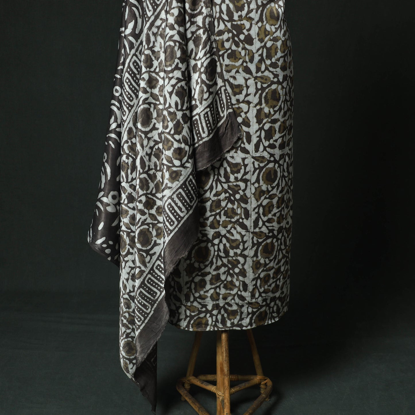 Brown - Bagru Vanaspati Block Print Modal Silk Lace Handwork 2pc Unstitched Dress Material Kurta Set 12