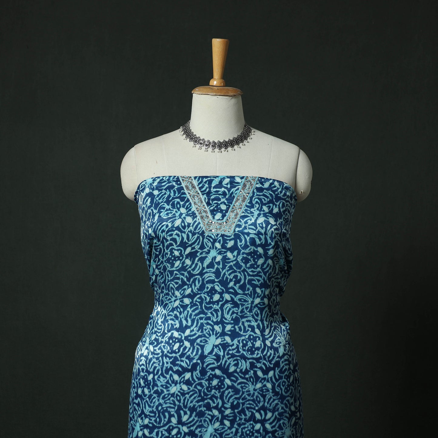 Blue - Bagru Vanaspati Block Print Modal Silk Lace Handwork 2pc Unstitched Dress Material Kurta Set 13