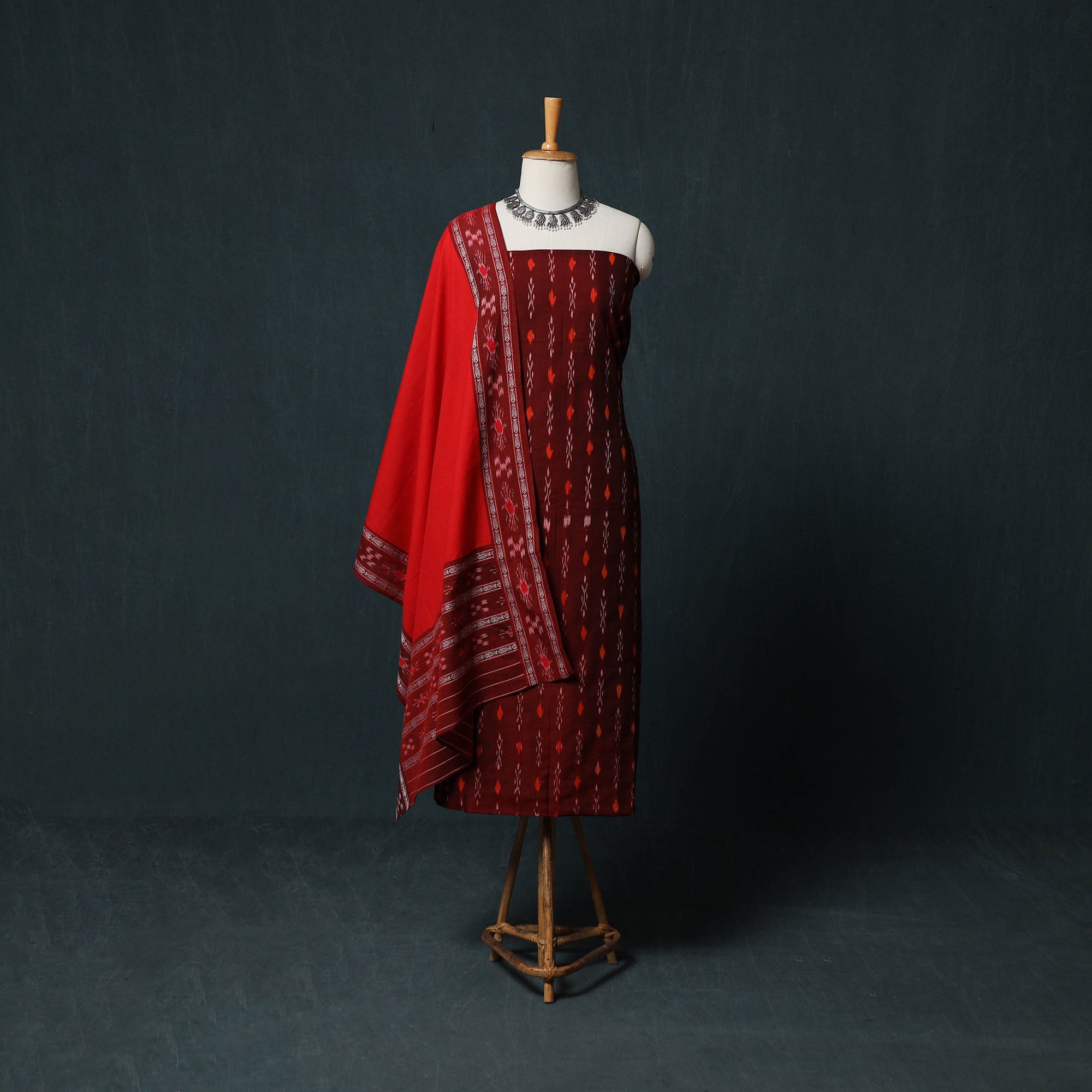 Red Sambalpuri Cotton 3pc Unstitched Ikat Dress Material Suit Set
