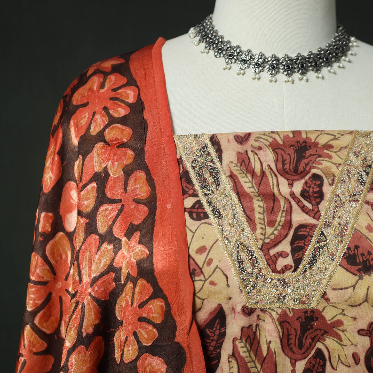 Orange - Bagru Vanaspati Block Print Modal Silk Lace Handwork 2pc Unstitched Dress Material Kurta Set 14
