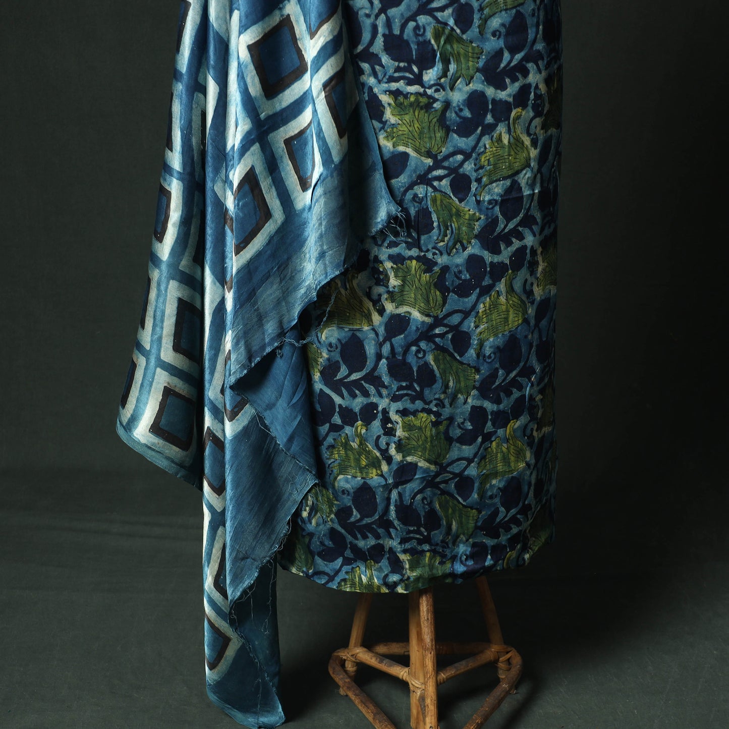 Blue - Bagru Vanaspati Block Print Modal Silk Lace Handwork 2pc Unstitched Dress Material Kurta Set 17