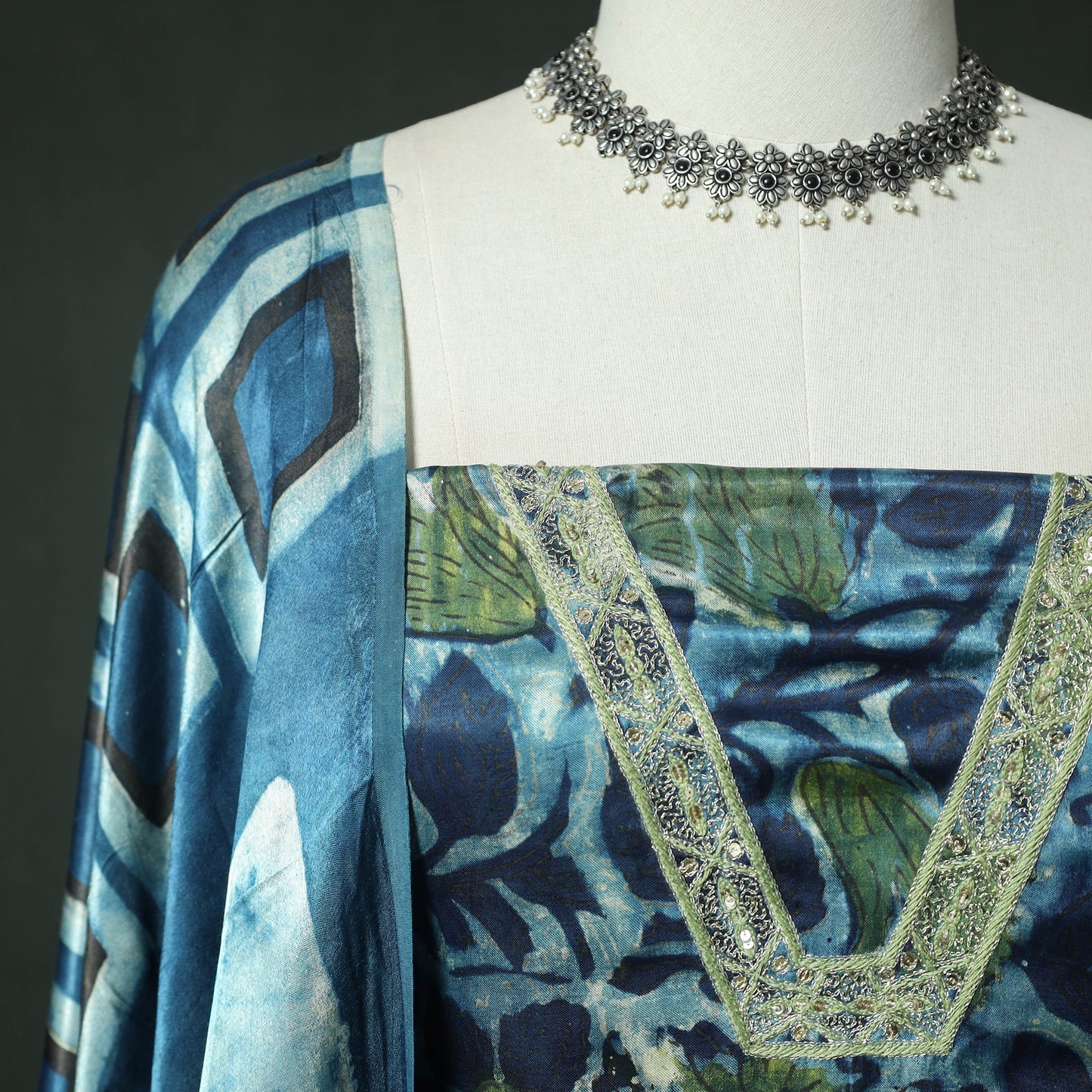 Blue - Bagru Vanaspati Block Print Modal Silk Lace Handwork 2pc Unstitched Dress Material Kurta Set 17