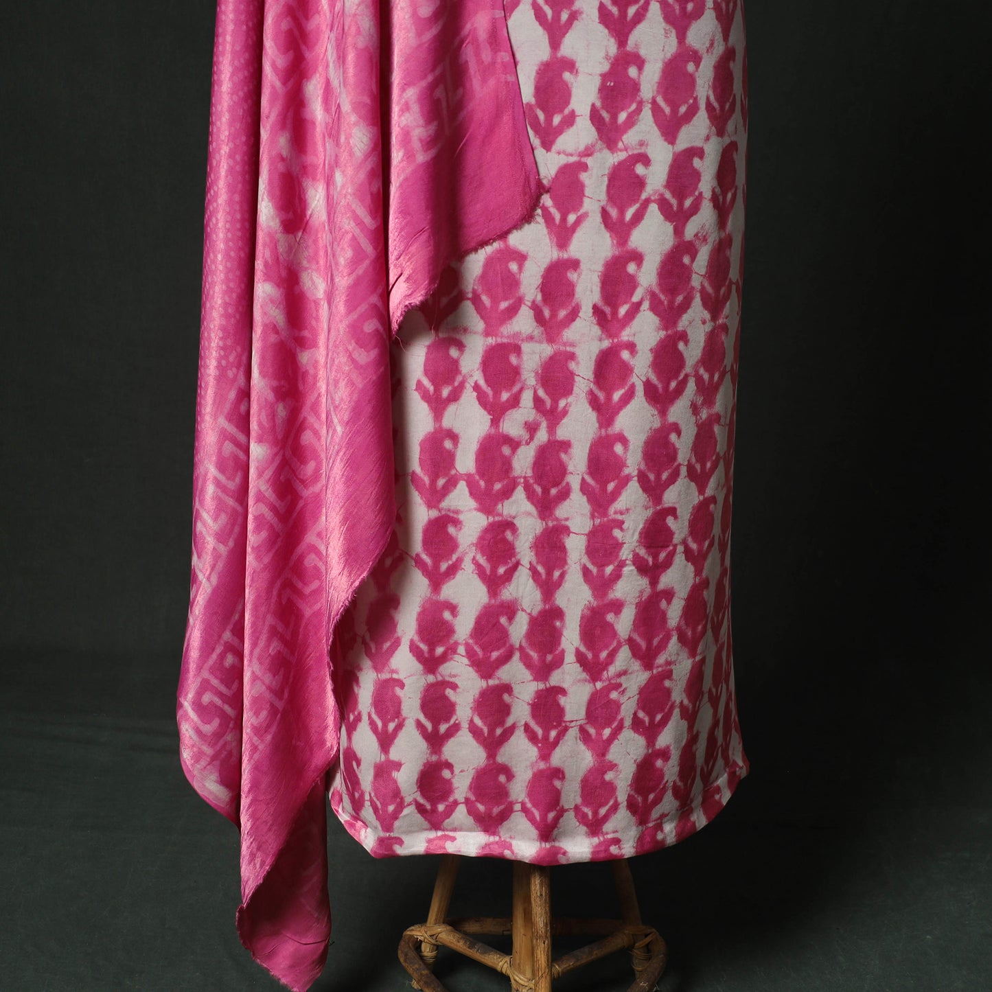 Pink - Bagru Vanaspati Block Print Modal Silk Lace Handwork 2pc Unstitched Dress Material Kurta Set 18