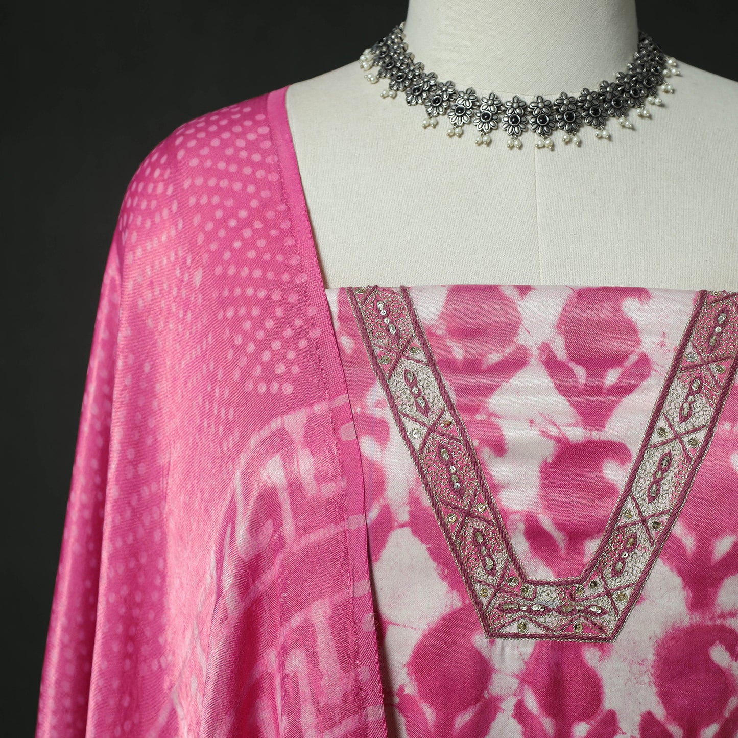 Pink - Bagru Vanaspati Block Print Modal Silk Lace Handwork 2pc Unstitched Dress Material Kurta Set 18