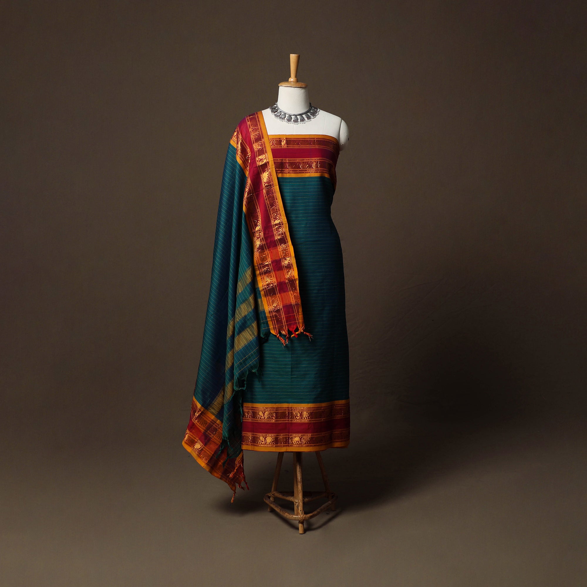 Green Dharwad Cotton 3pc Unstitched Dress Material Suit Set with Woven Border