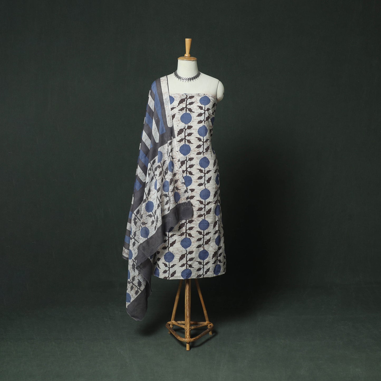 Hand Block Kutch Batik Print Cotton 3pc Unstitched Dress Material Suit Set 05