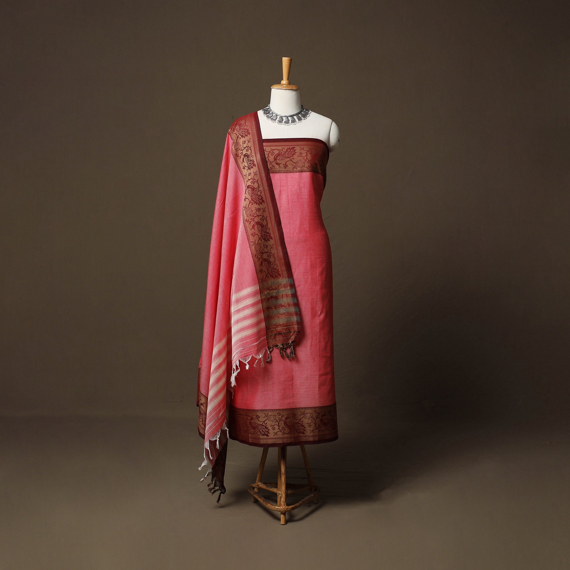 Pink Dharwad Cotton 3pc Unstitched Dress Material Suit Set with Woven Border