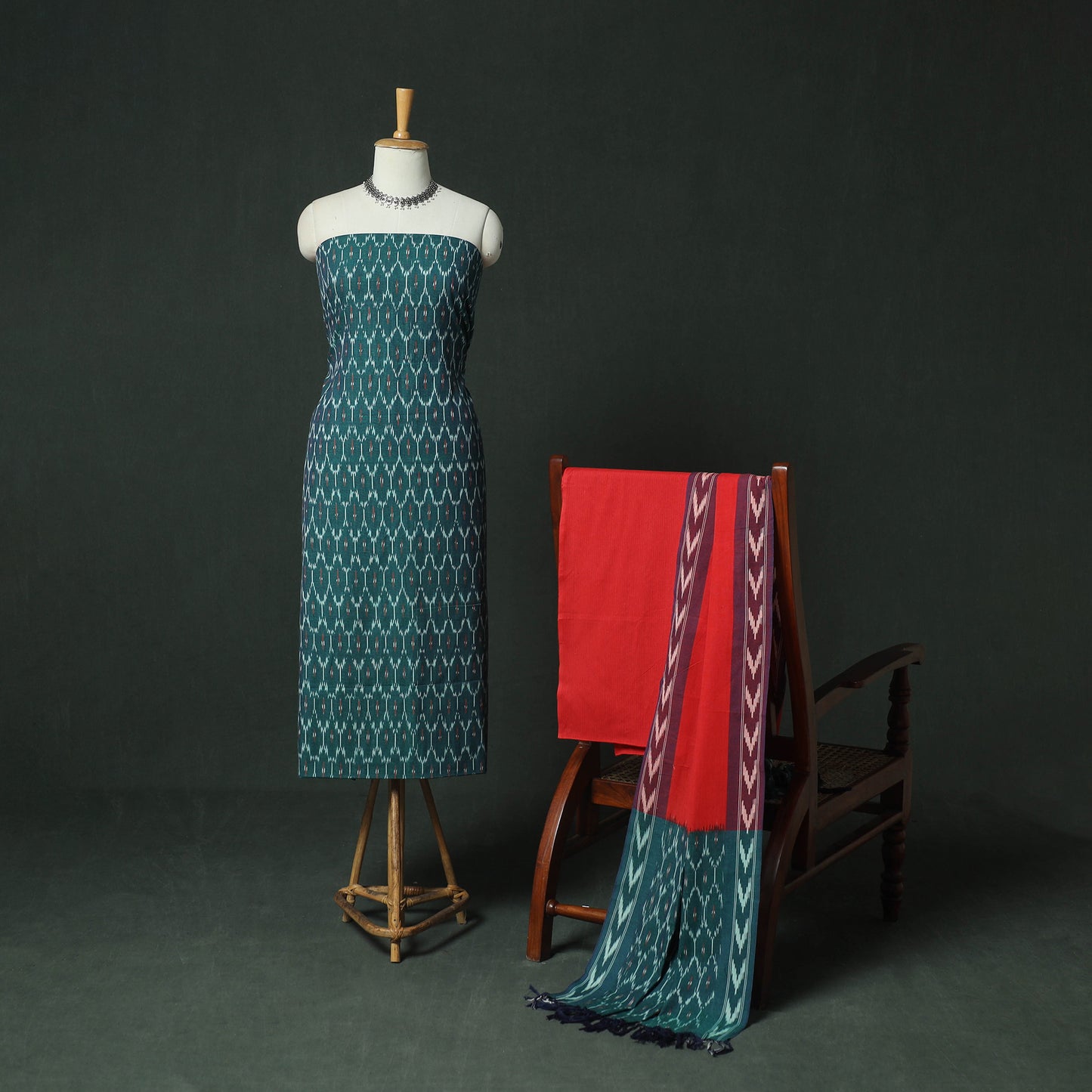Pochampally Ikat Woven Cotton 3pc Unstitched Dress Material Suit Set 12