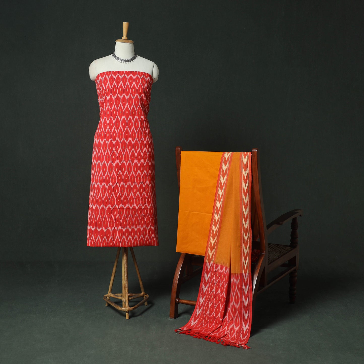 Pochampally Ikat Woven Cotton 3pc Unstitched Dress Material Suit Set 16