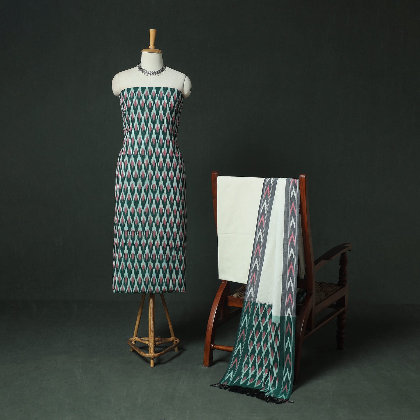 Pochampally Ikat Woven Cotton 3pc Unstitched Dress Material Suit Set 17