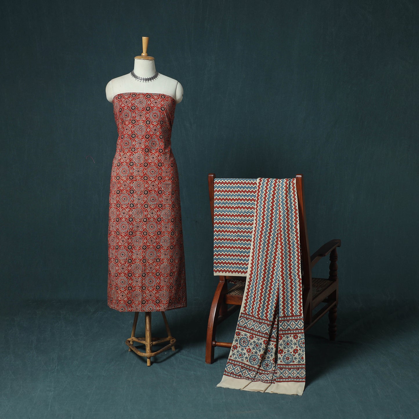 Hand Block Print Natural Dyed Cotton Ajrakh 3pc Unstitched Dress Material Suit Set 06