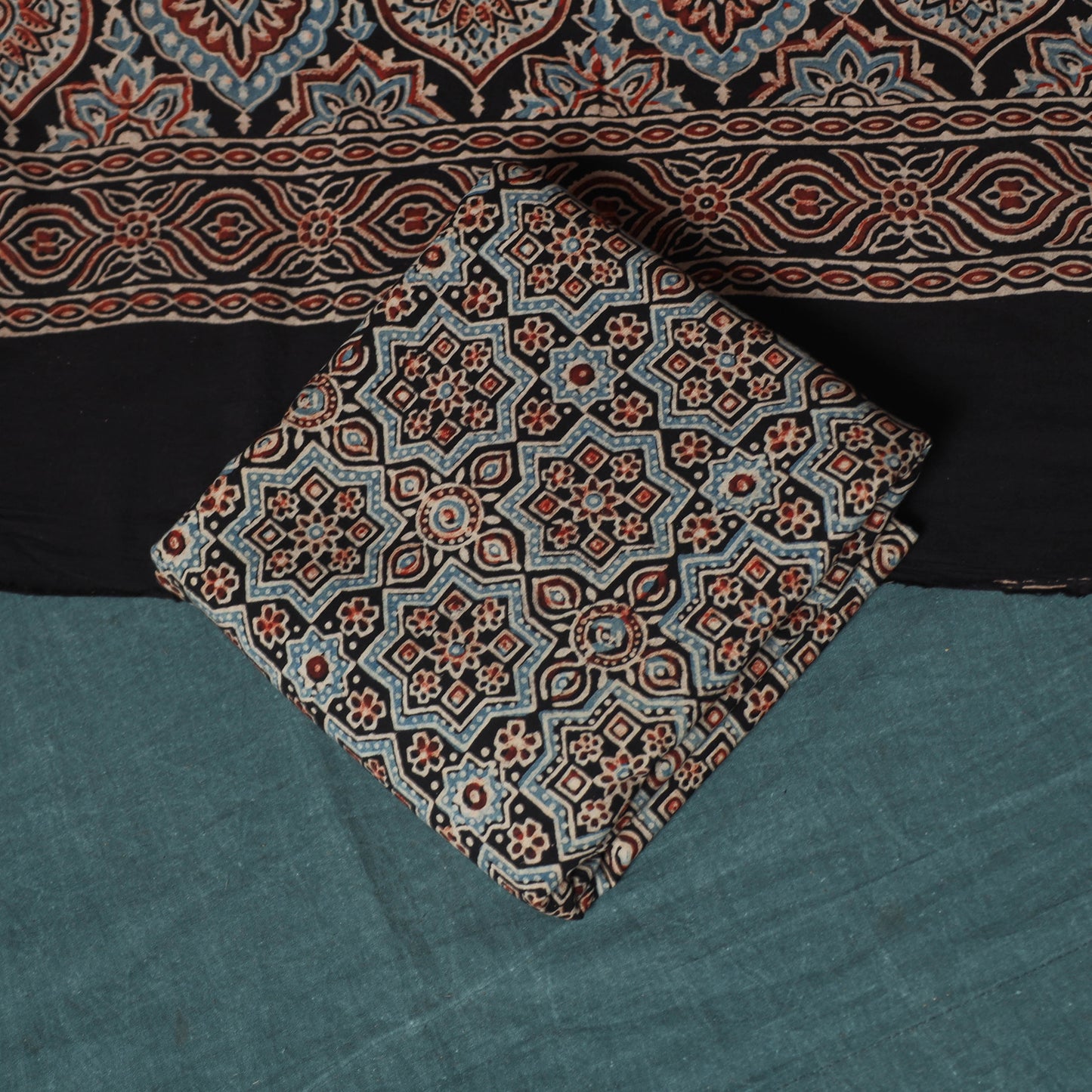 Hand Block Print Natural Dyed Cotton Ajrakh 3pc Unstitched Dress Material Suit Set 02