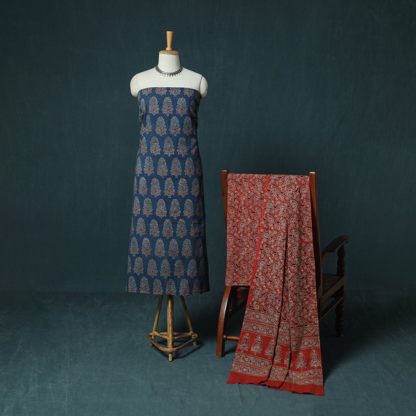 Hand Block Print Natural Dyed Cotton Ajrakh 3pc Unstitched Dress Material Suit Set 03