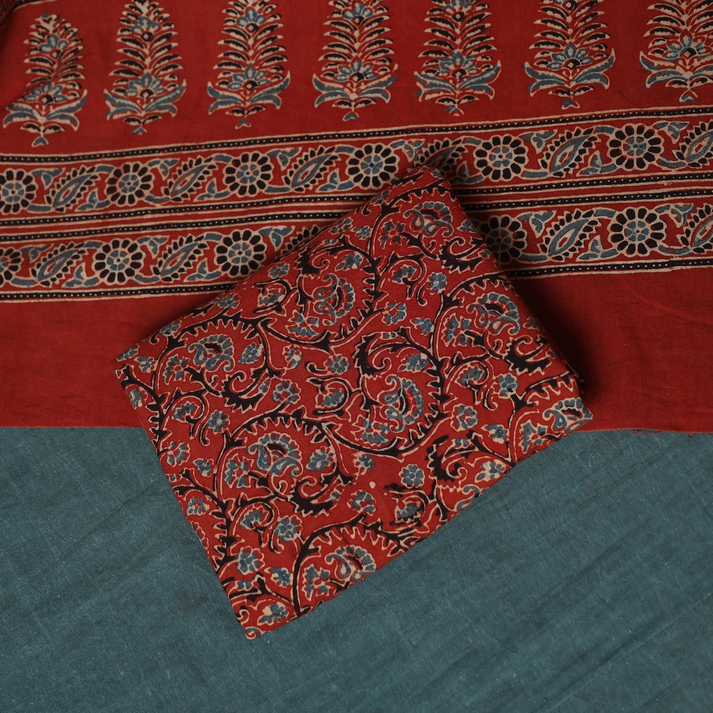 Hand Block Print Natural Dyed Cotton Ajrakh 3pc Unstitched Dress Material Suit Set 03