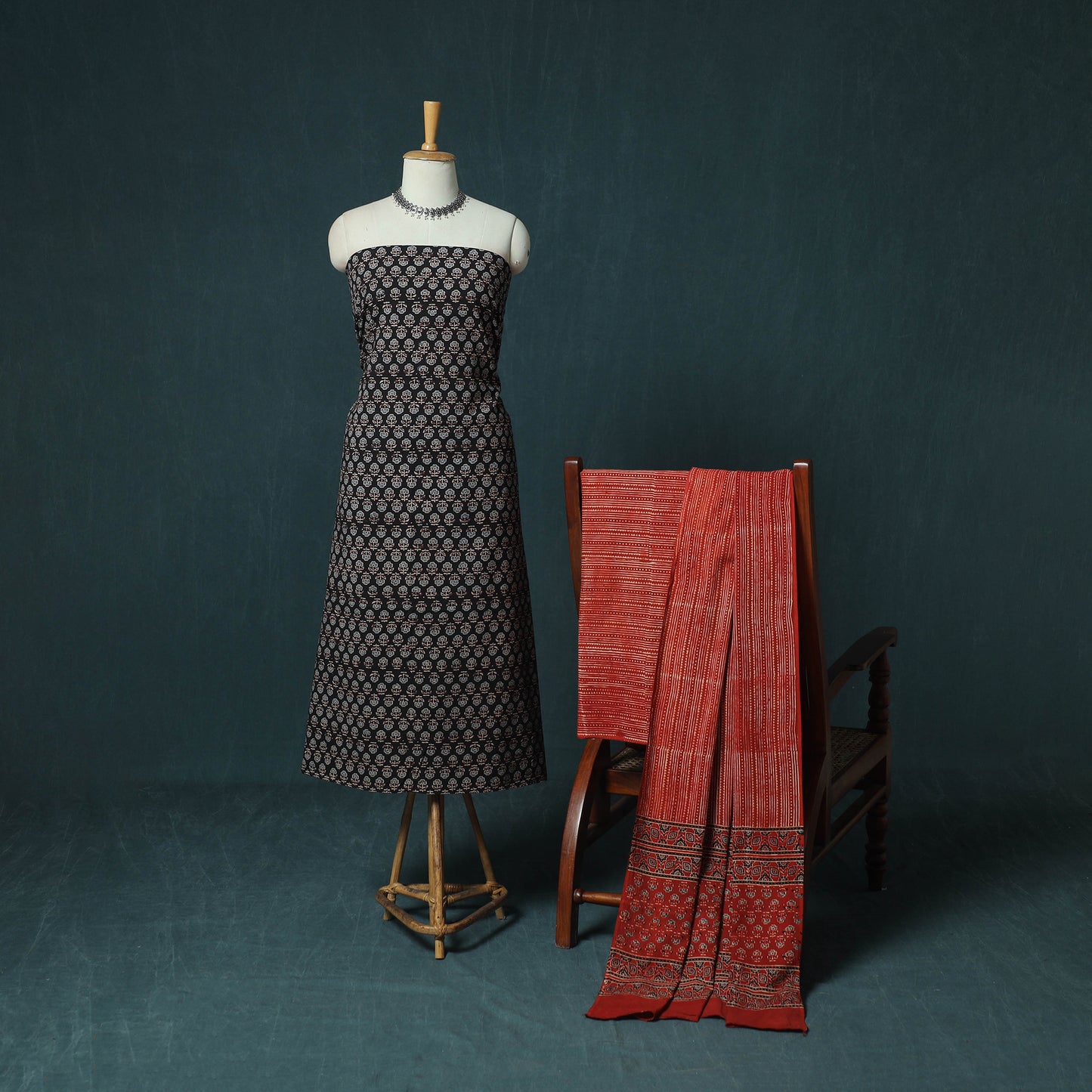 Hand Block Print Natural Dyed Cotton Ajrakh 3pc Unstitched Dress Material Suit Set 04