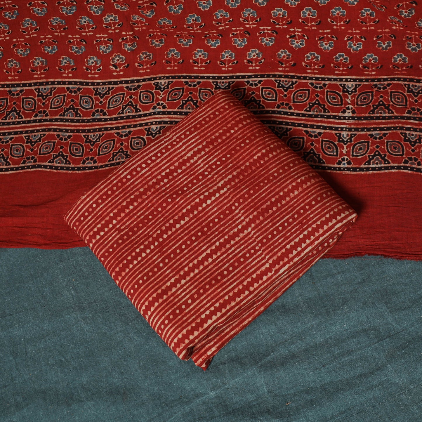 Hand Block Print Natural Dyed Cotton Ajrakh 3pc Unstitched Dress Material Suit Set 04