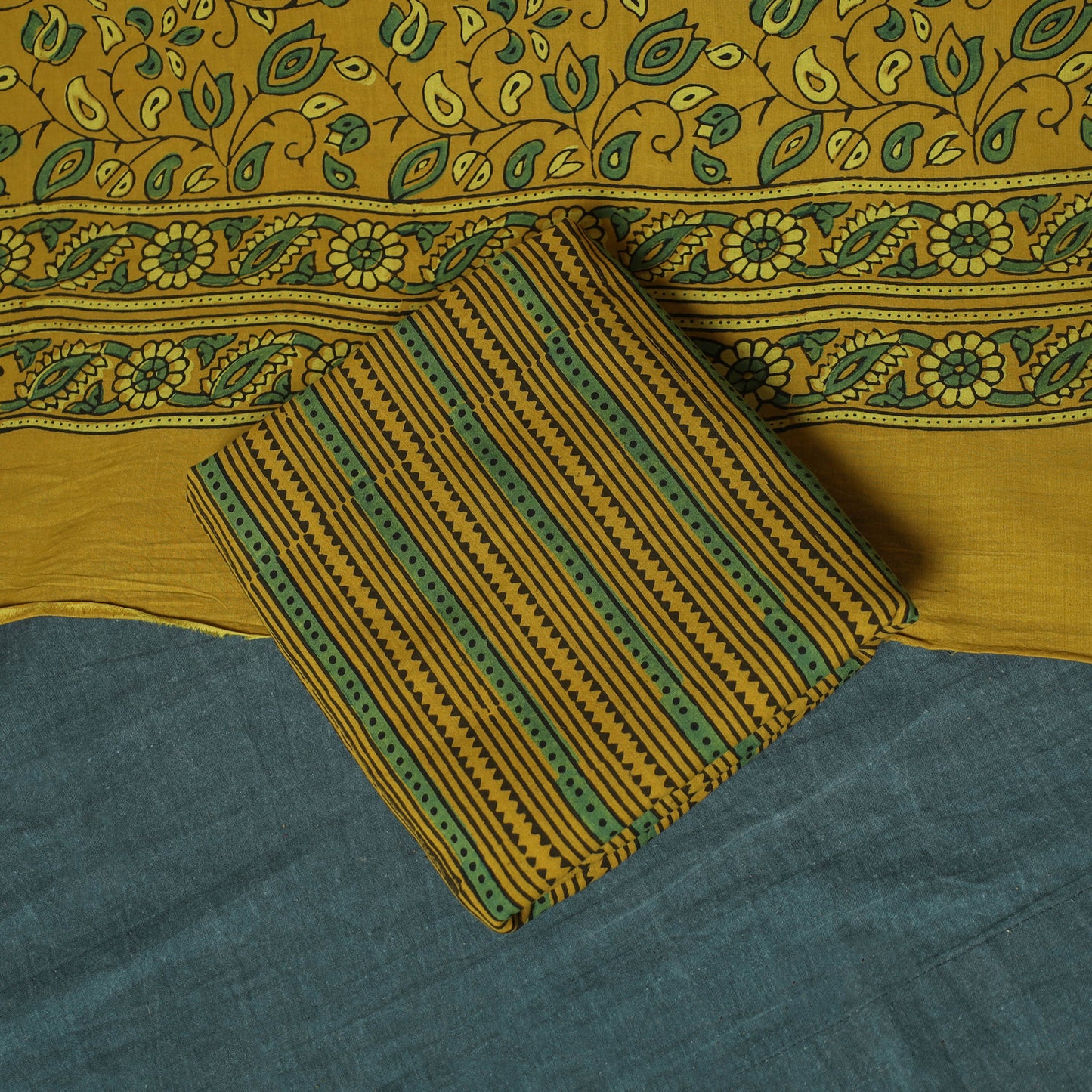 Hand Block Print Natural Dyed Cotton Ajrakh 3pc Unstitched Dress Material Suit Set 05