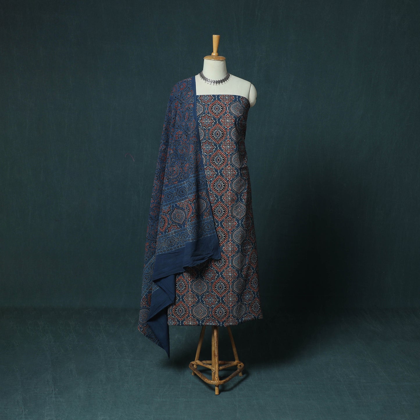 Hand Block Print Natural Dyed Cotton Ajrakh 3pc Unstitched Dress Material Suit Set 07