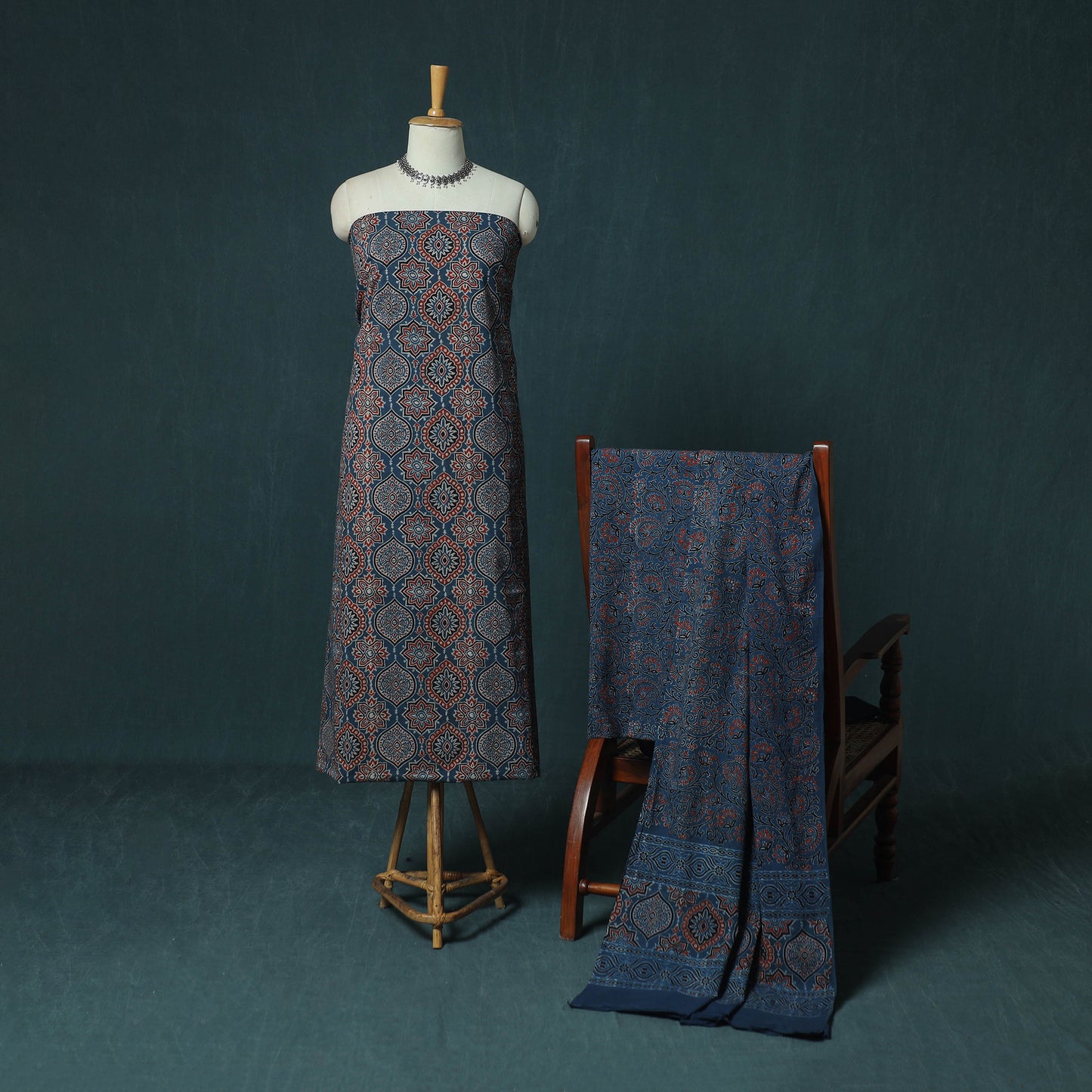 Hand Block Print Natural Dyed Cotton Ajrakh 3pc Unstitched Dress Material Suit Set 07