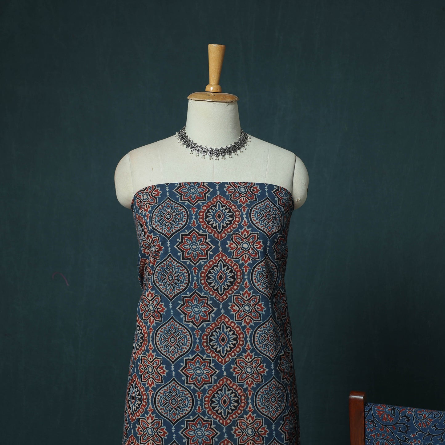 Hand Block Print Natural Dyed Cotton Ajrakh 3pc Unstitched Dress Material Suit Set 07