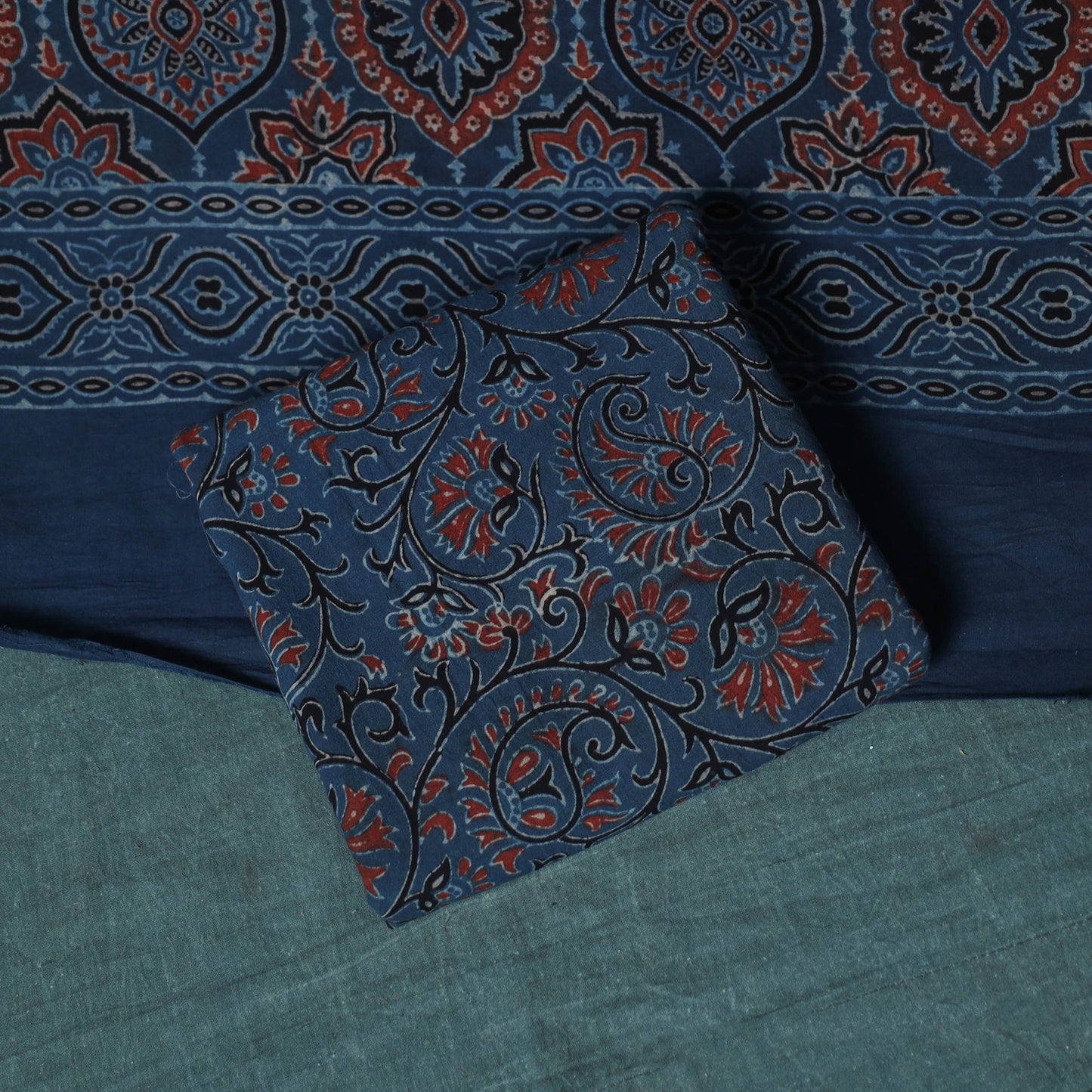 Hand Block Print Natural Dyed Cotton Ajrakh 3pc Unstitched Dress Material Suit Set 07
