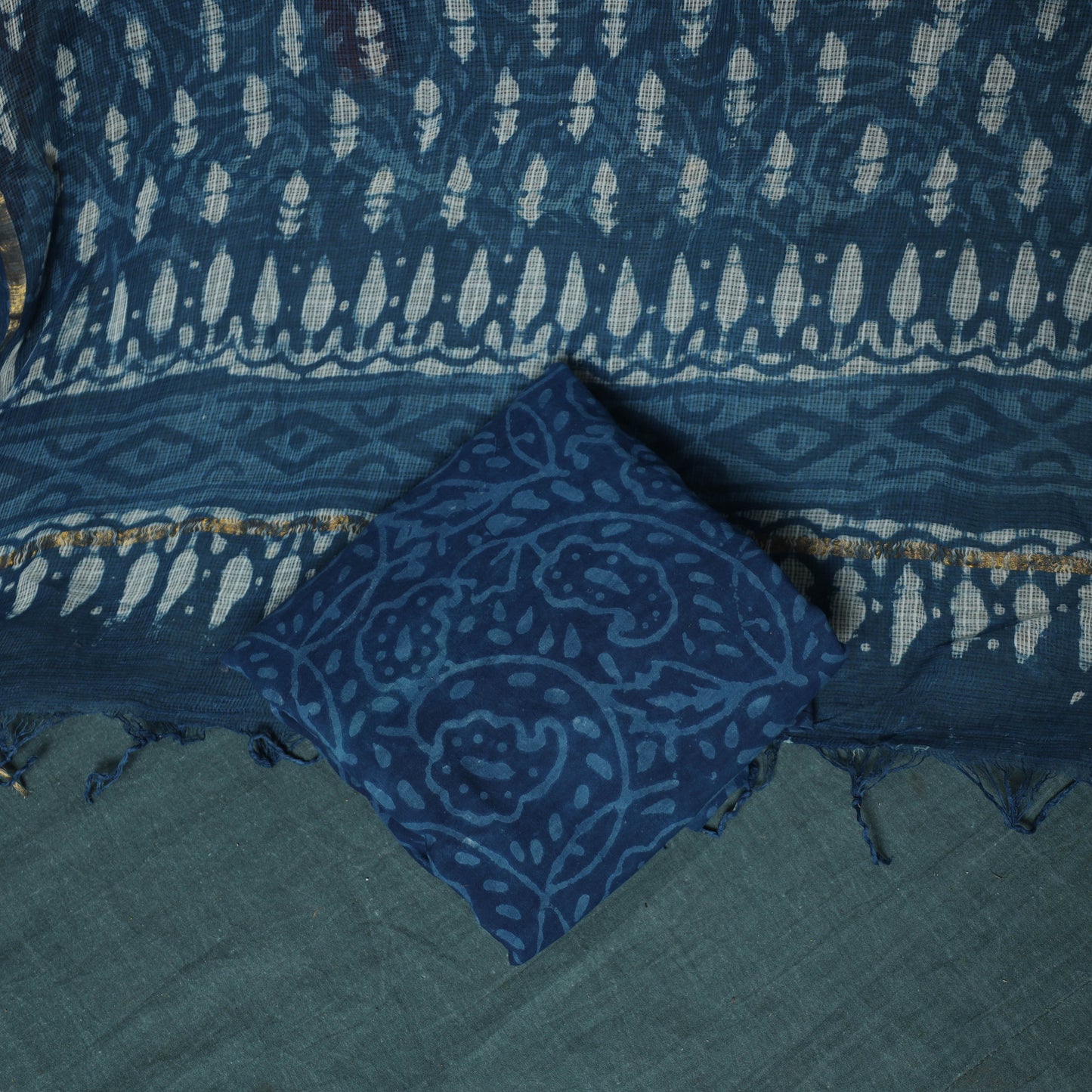 Blue - Natural Dyed Hand Block Print Cotton Indigo Bagru 3pc Unstitched Dress Material 12