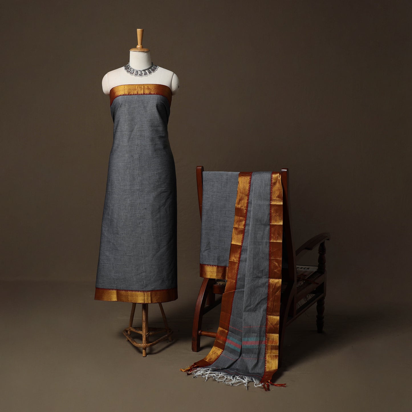 Dharwad Cotton 3pc Unstitched Dress Material Suit Set with Woven Border 38