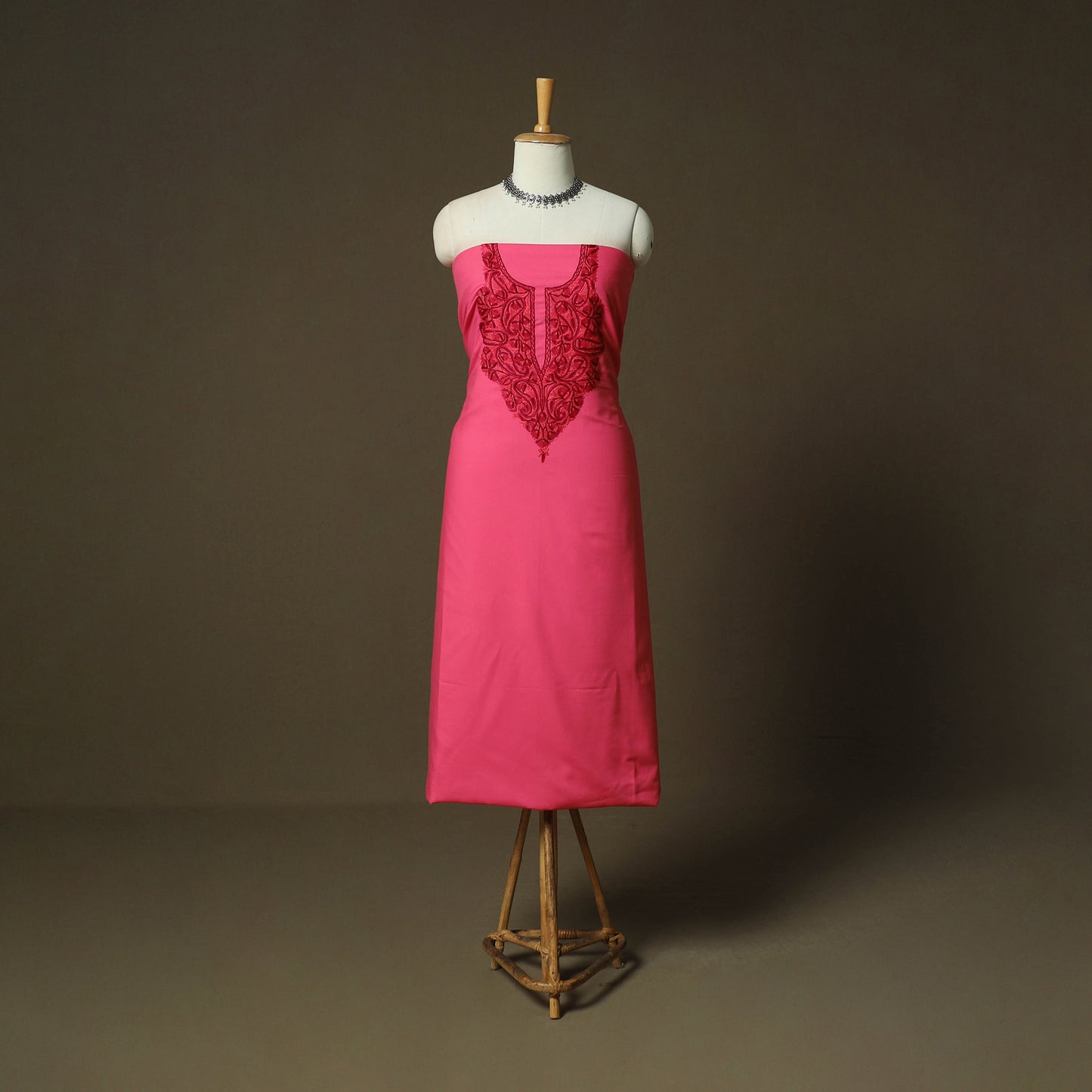 Pink - Aari Hand Embroidery Cotton 2pc Unstitched Dress Material Kurta Set 03